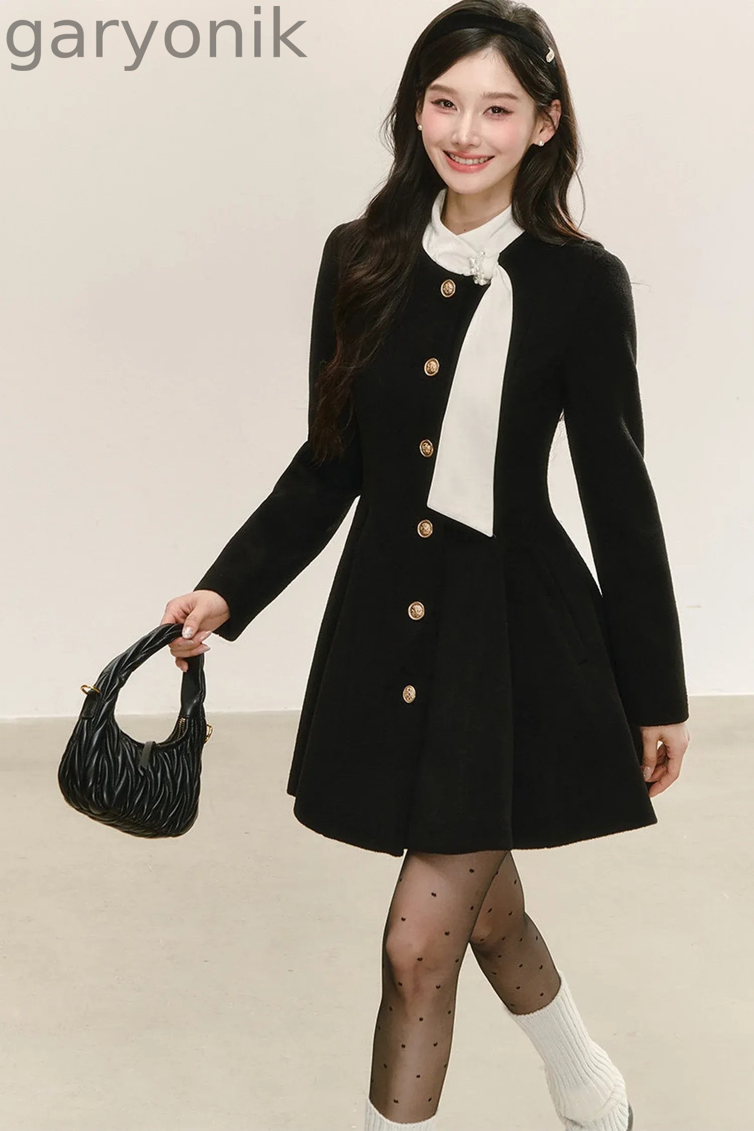 Black Woolen Puffy Coat Dress