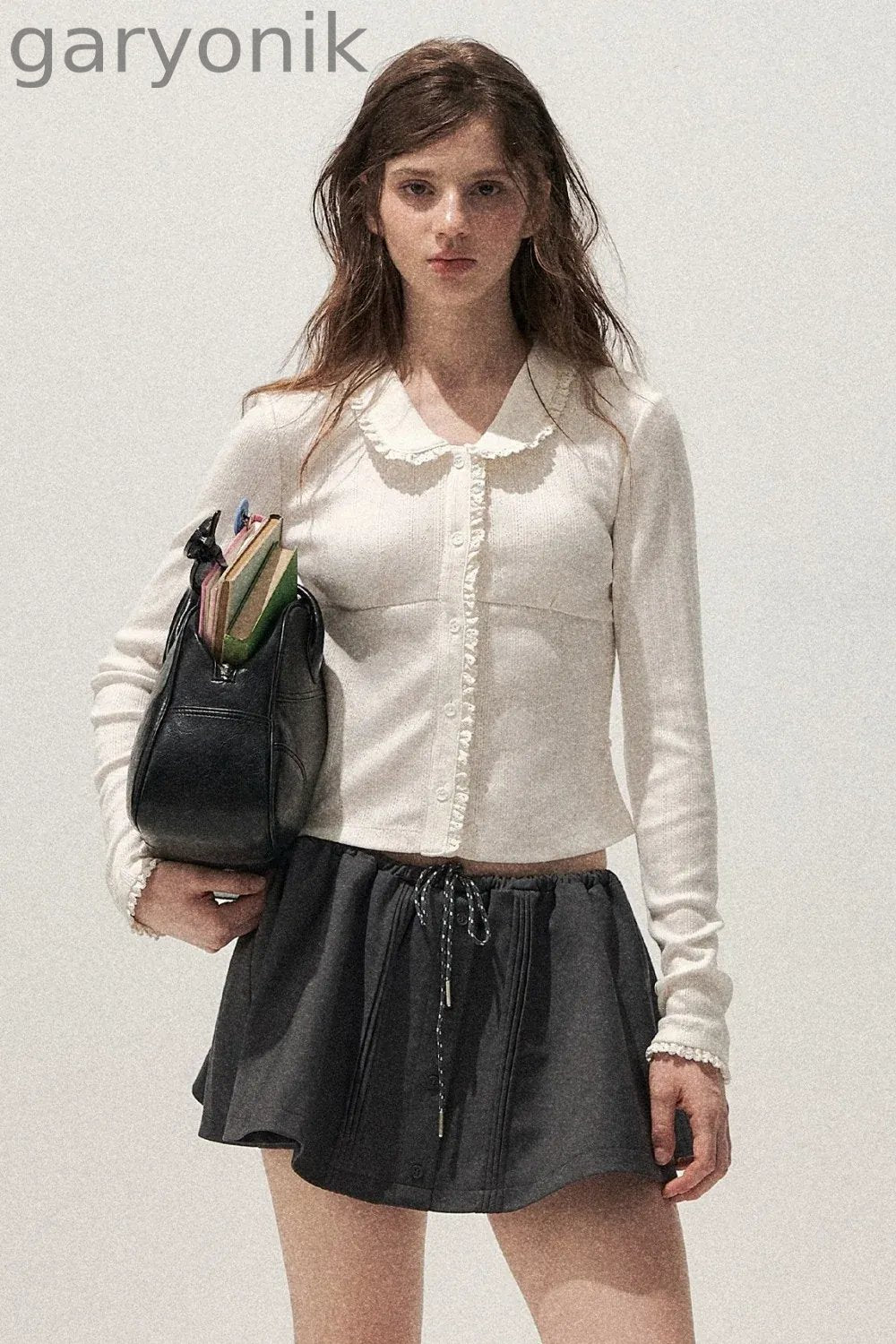 Doll Collar Textured Hollow Floral Cardigan