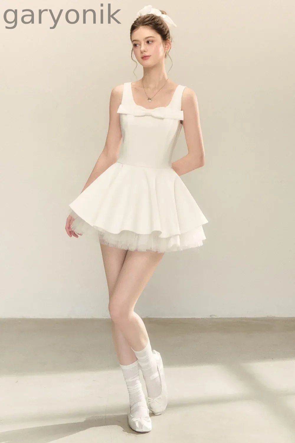 Bow Neck Spaghetti Strap Puffy Dress