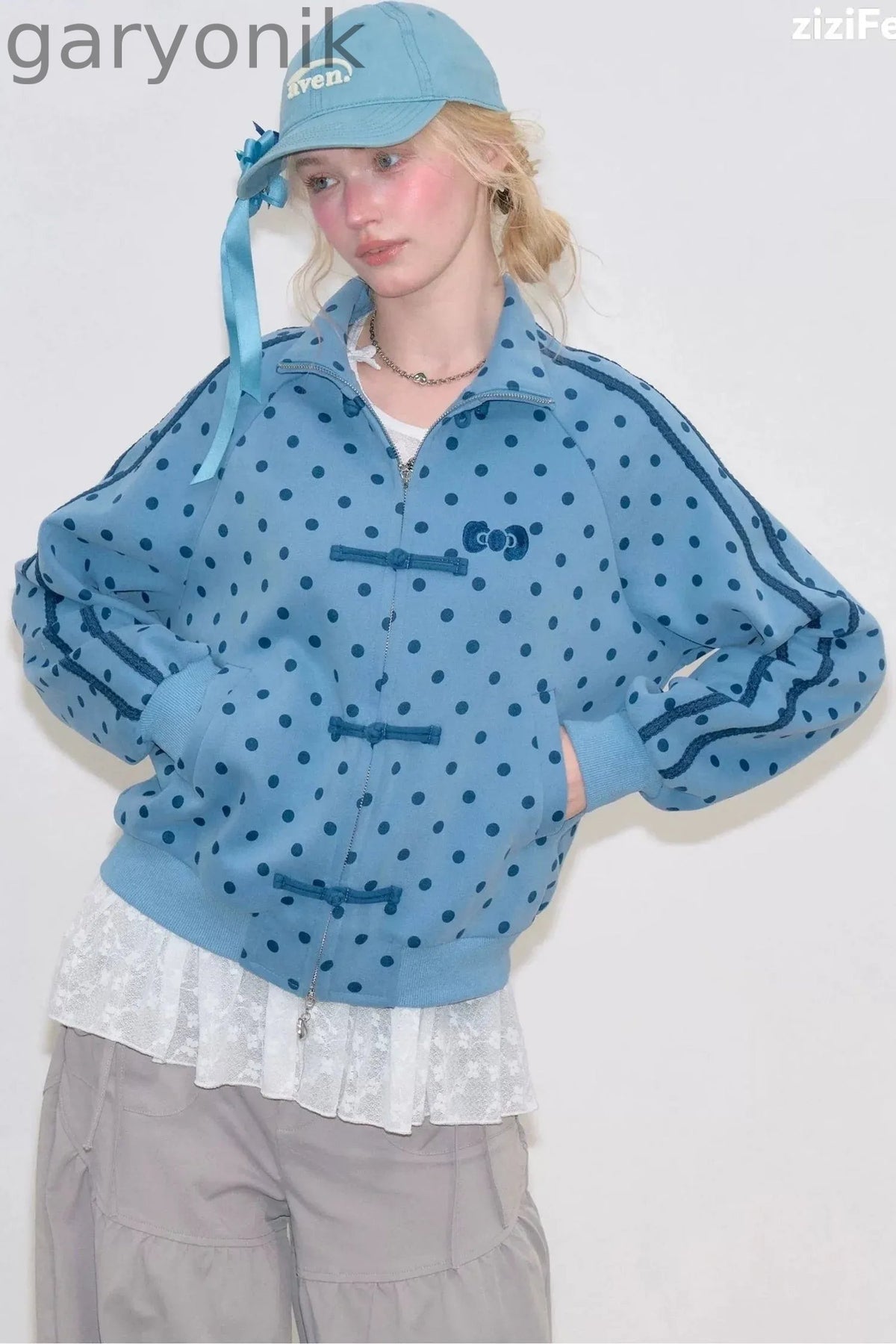 Blue Polka Dot Zipper Hoodie Jacket