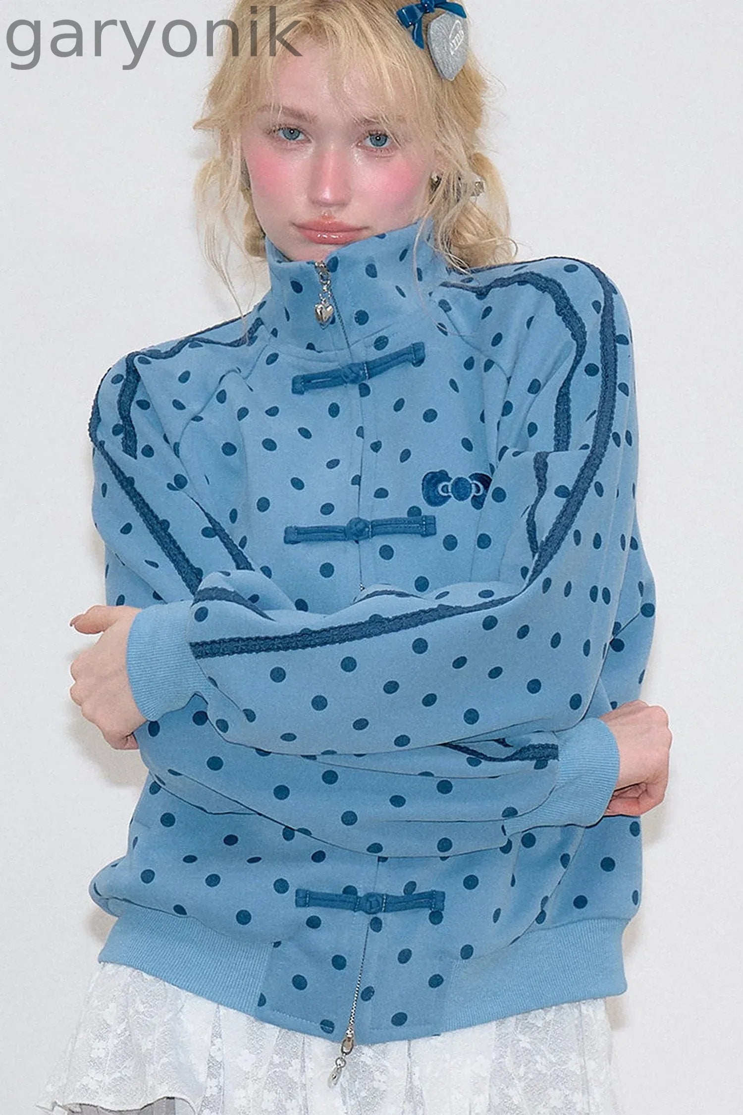 Blue Polka Dot Zipper Hoodie Jacket