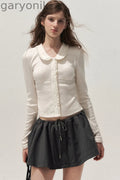 Doll Collar Textured Hollow Floral Cardigan