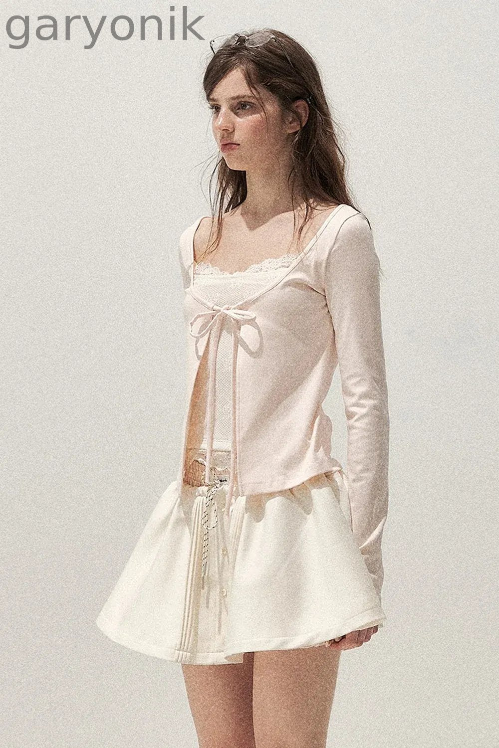 Lace Spliced Tie-Up Long Sleeve Top
