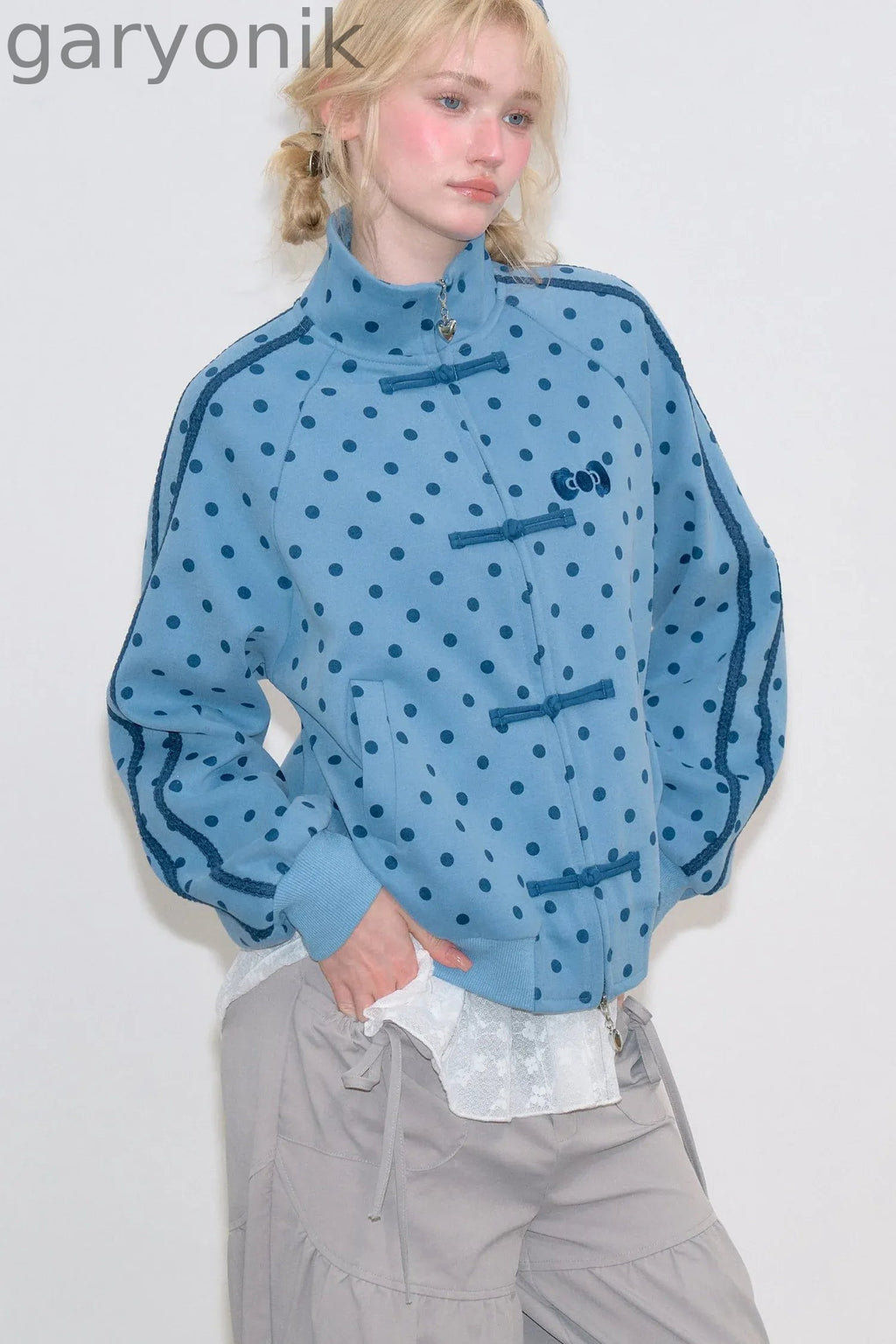 Blue Polka Dot Zipper Hoodie Jacket