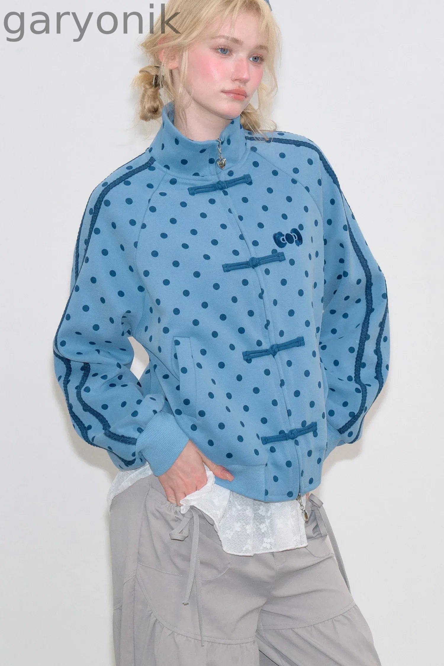 Blue Polka Dot Zipper Hoodie Jacket