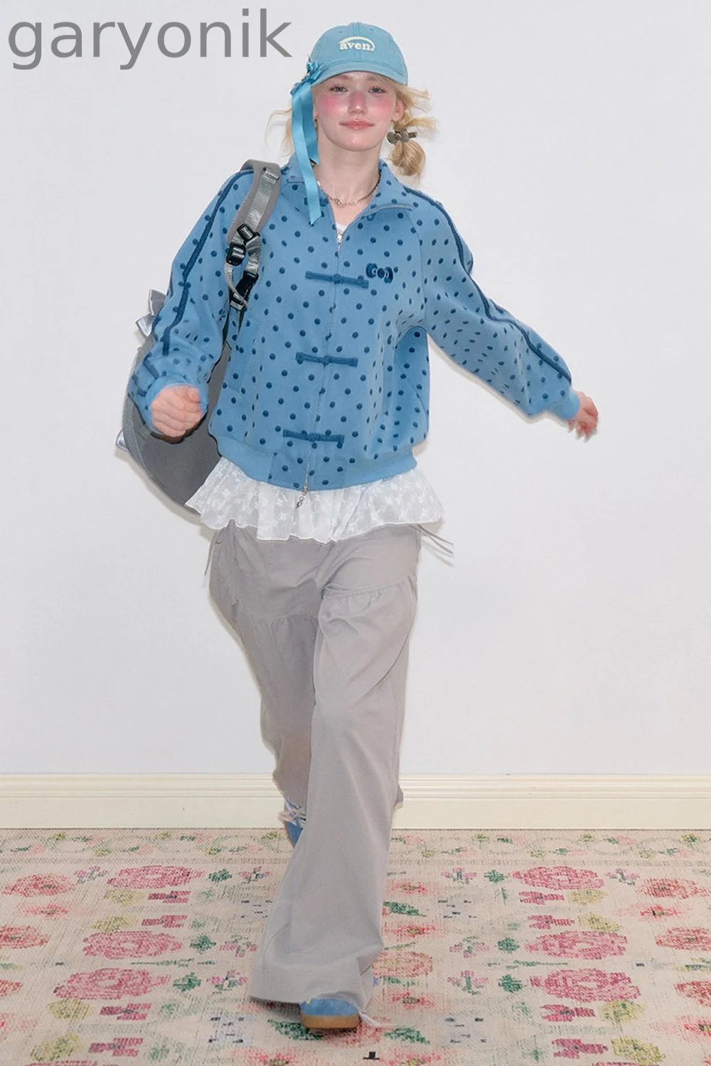 Blue Polka Dot Zipper Hoodie Jacket