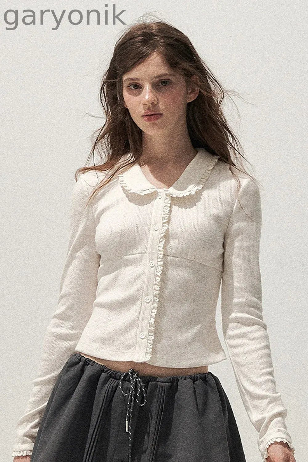 Doll Collar Textured Hollow Floral Cardigan