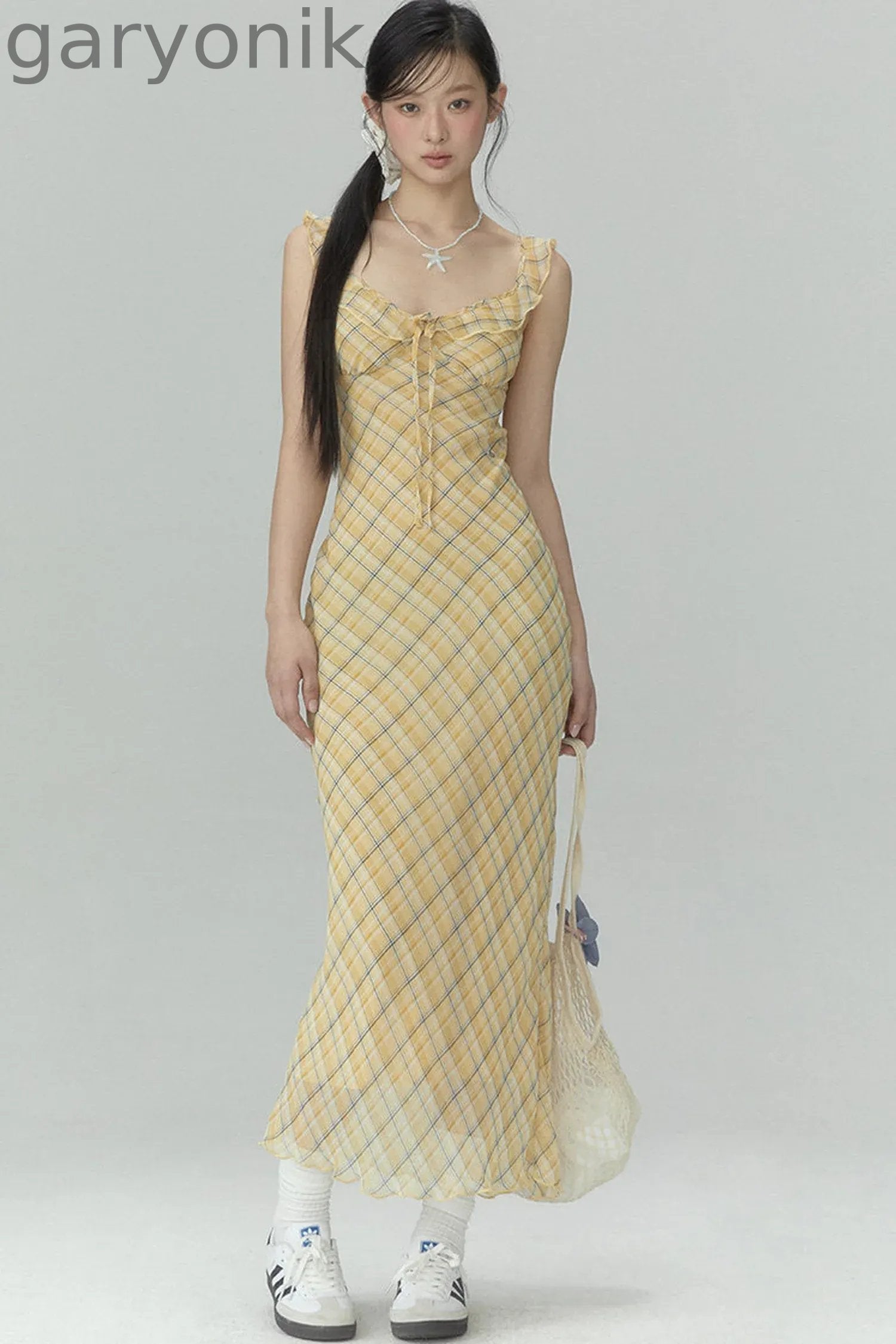 Yellow Plaid Slim Long Dress