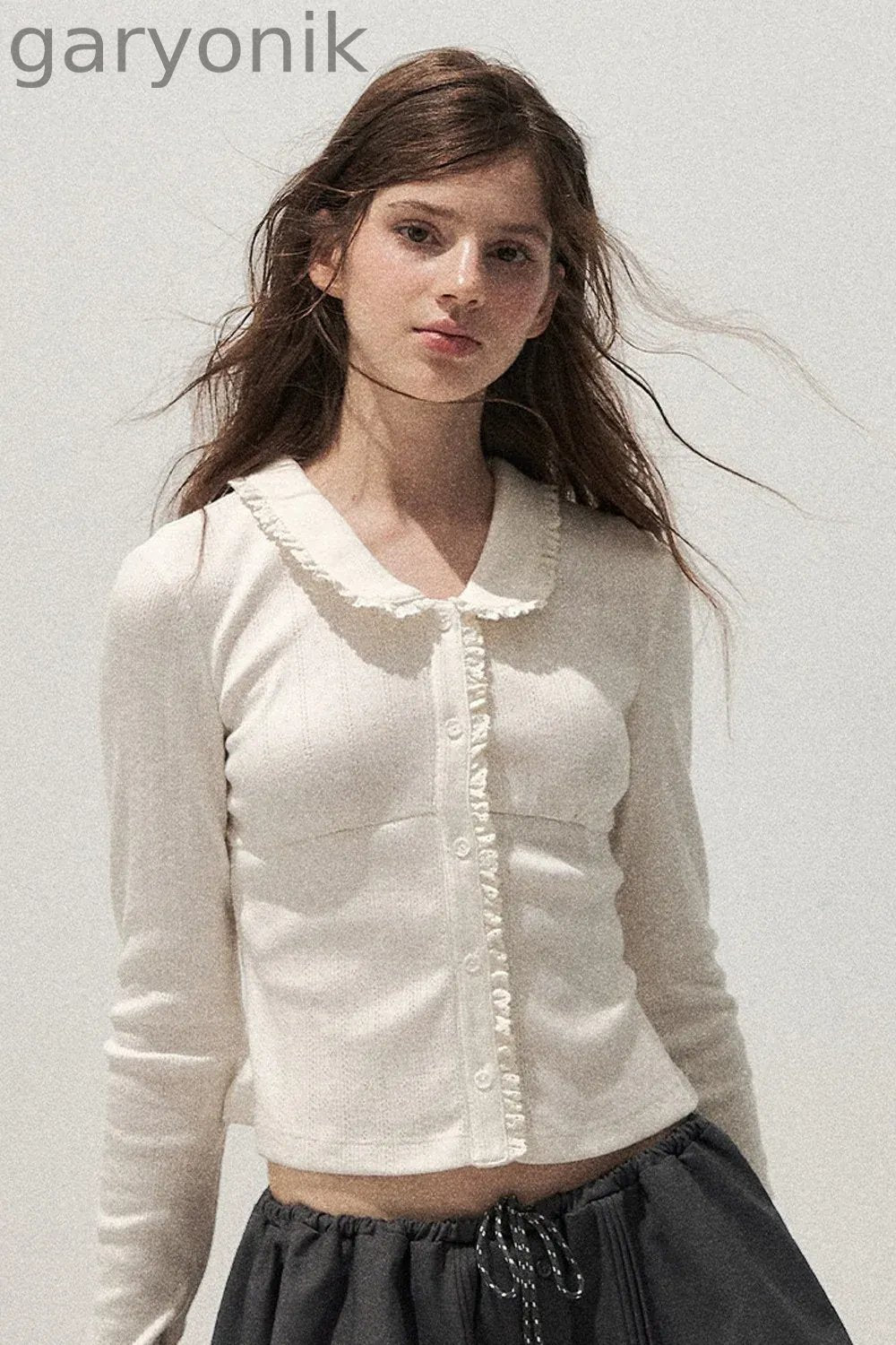 Doll Collar Textured Hollow Floral Cardigan