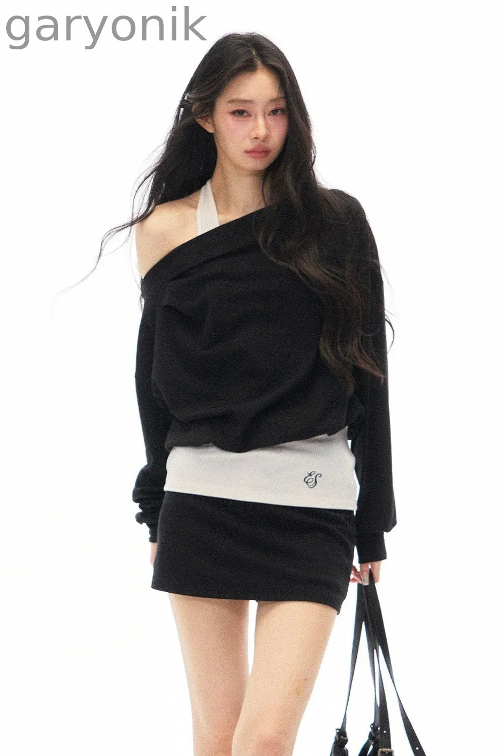 Black Asymmetrical Shoulder Long-Sleeve Top and Skirt Set-Up
