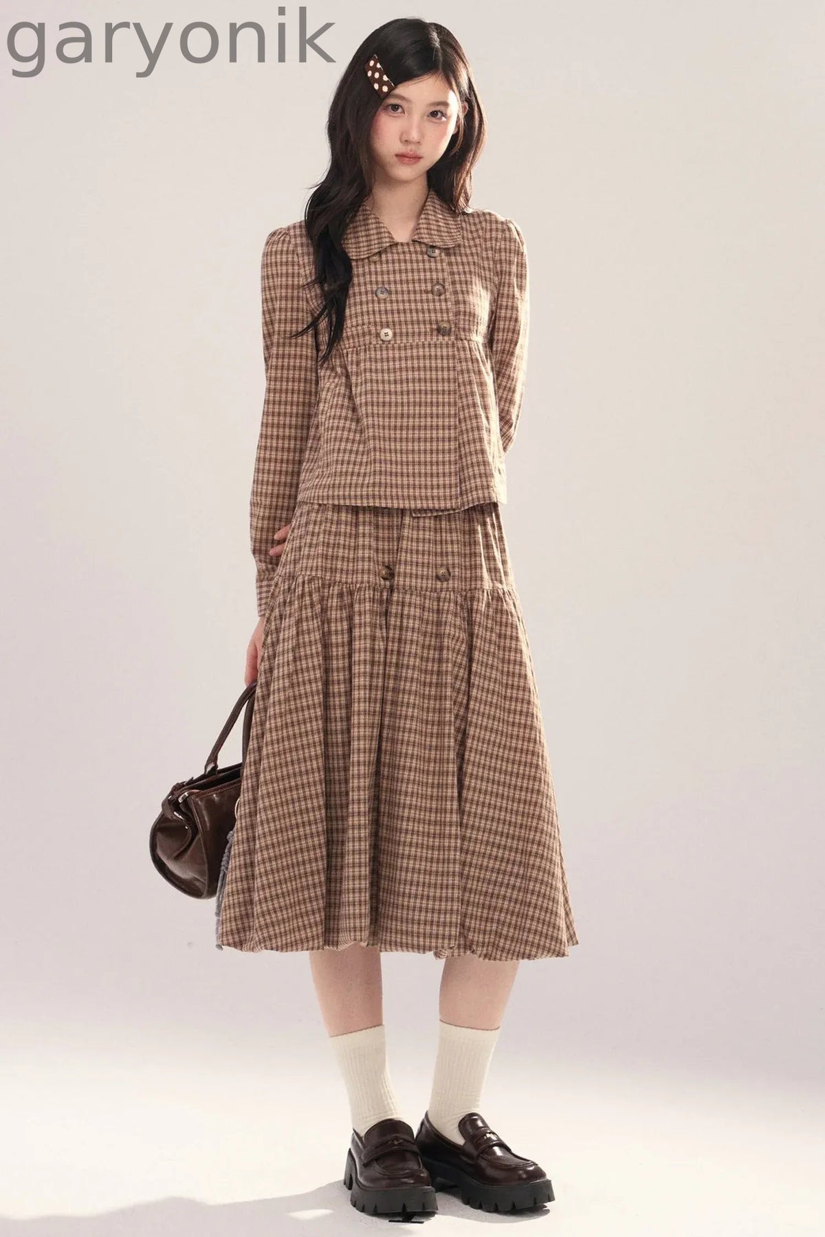 Long-Sleeved Plaid Shirt and Skirt Set-Up