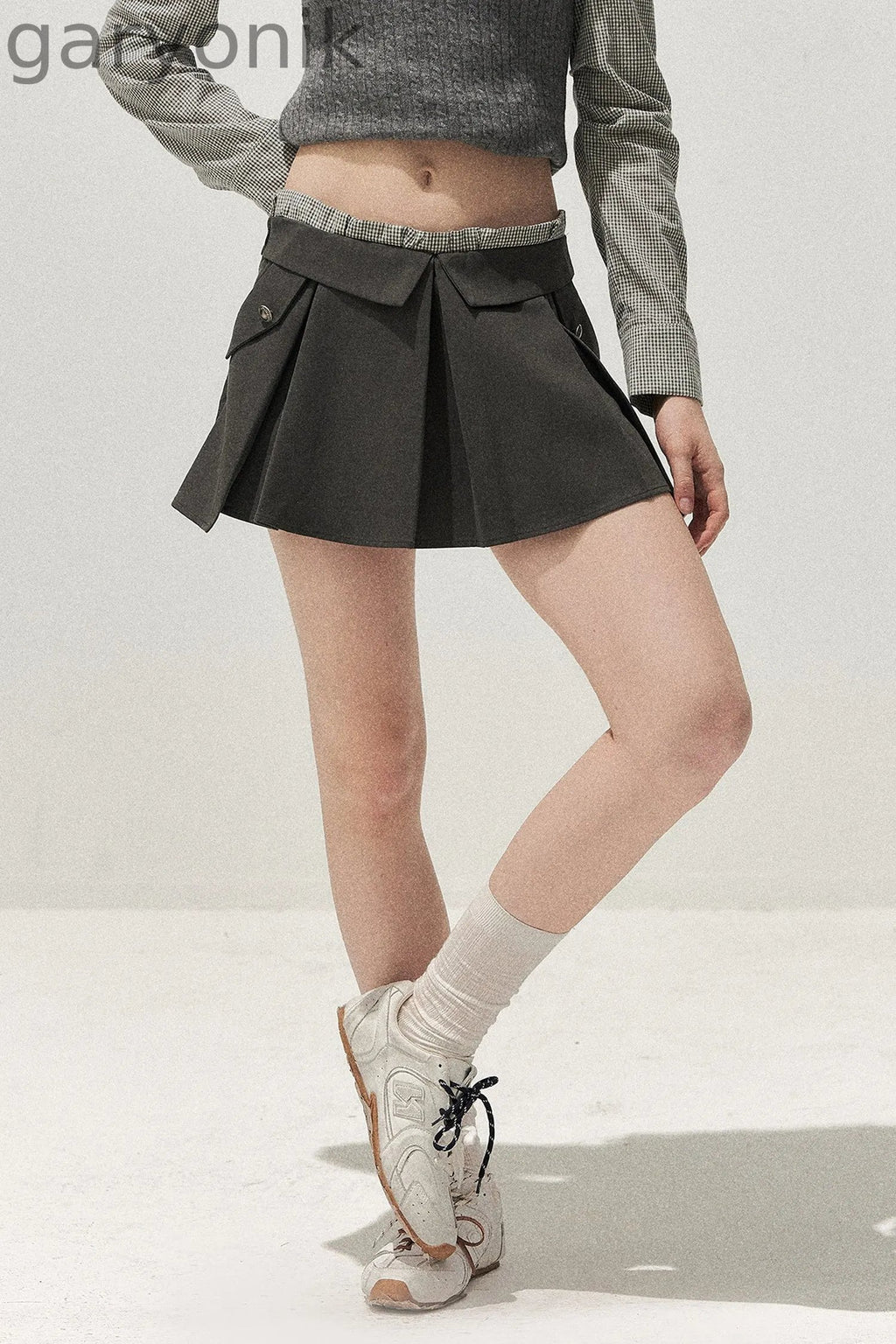 Double Waistband Gray Pleated Skirt
