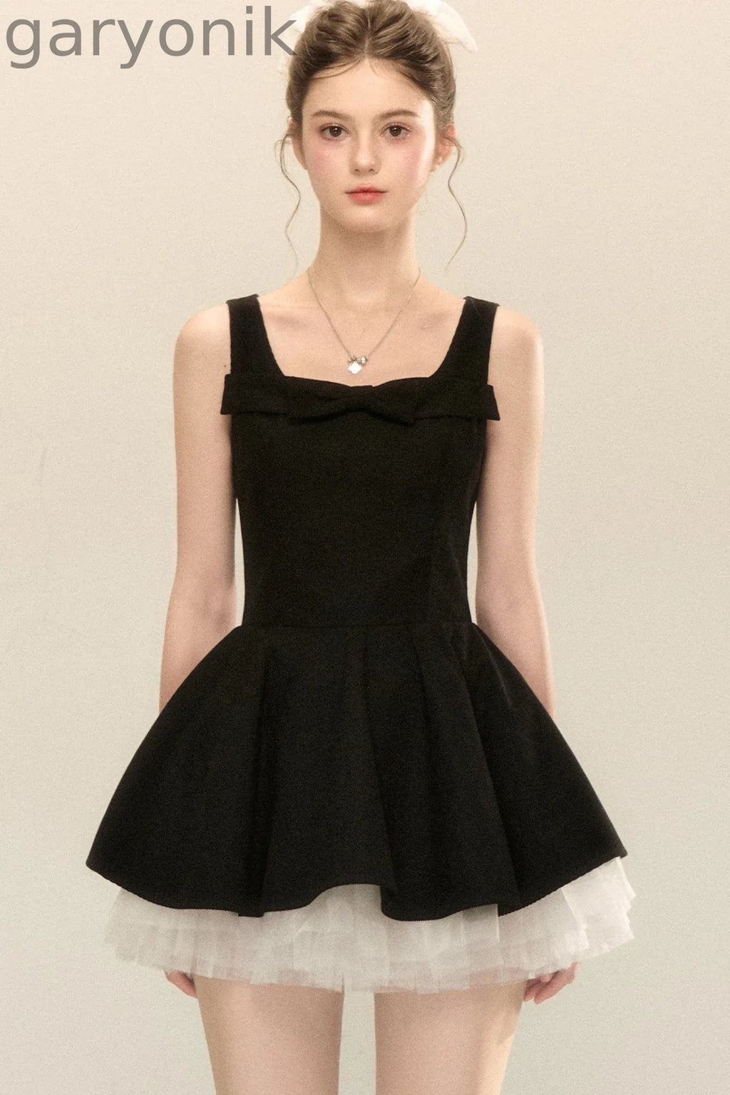 Bow Neck Spaghetti Strap Puffy Dress