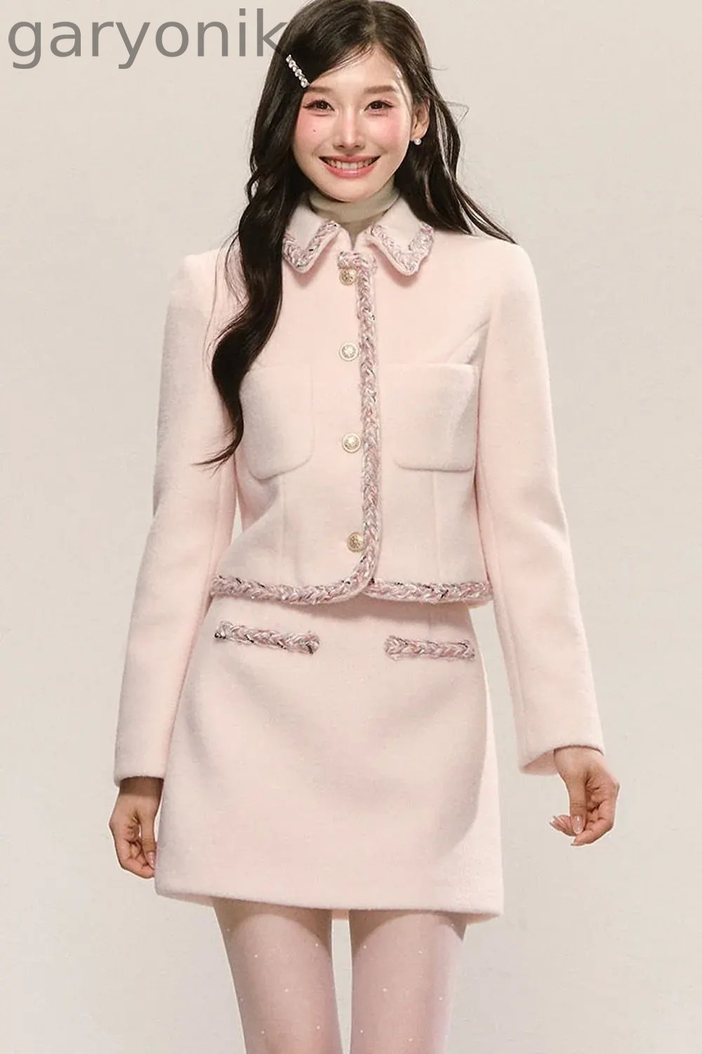 Miu Series Pink Woolen Coat Skirt Set-Up