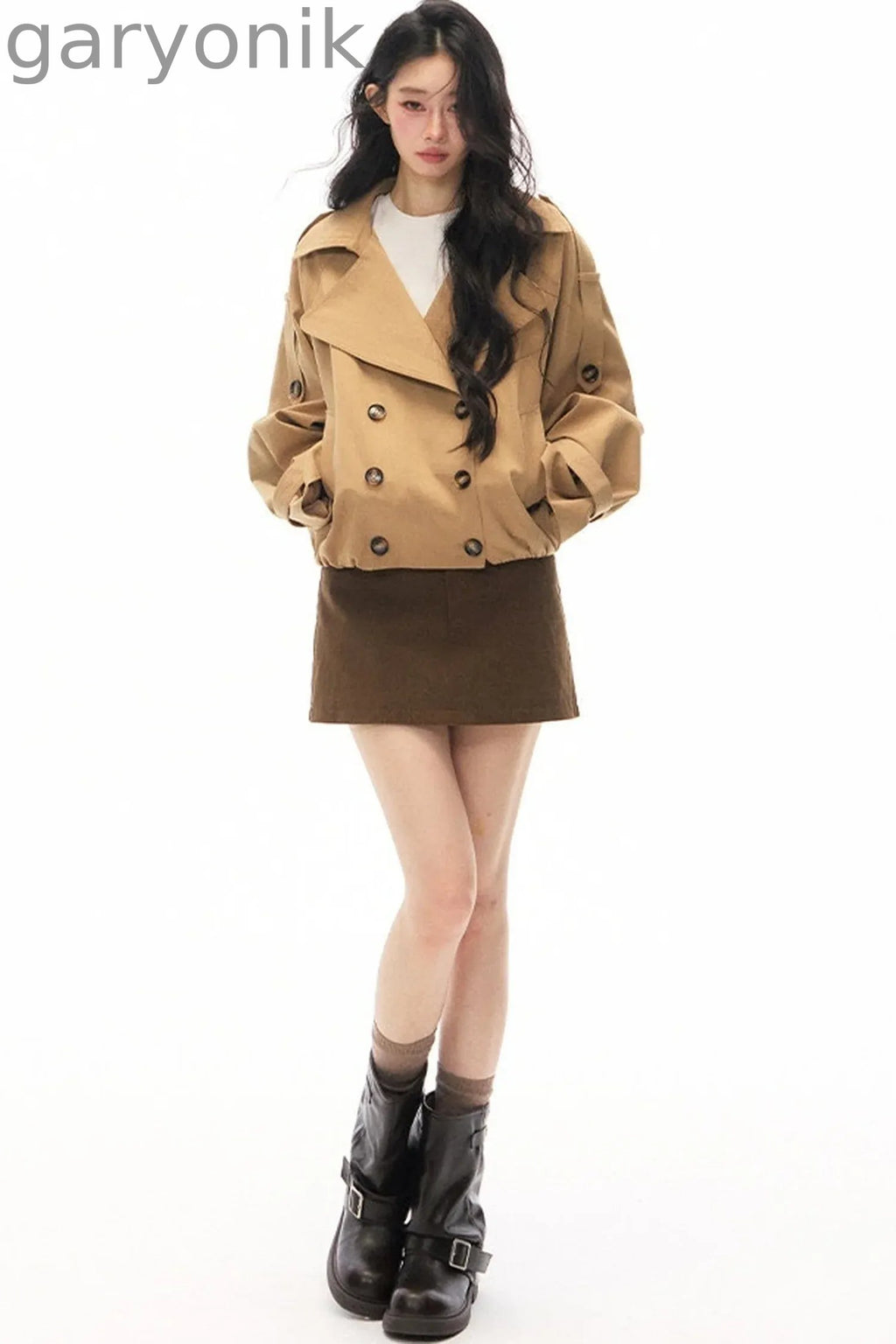 Khaki Double-Breasted Trench Coat and Skirt Set-Up