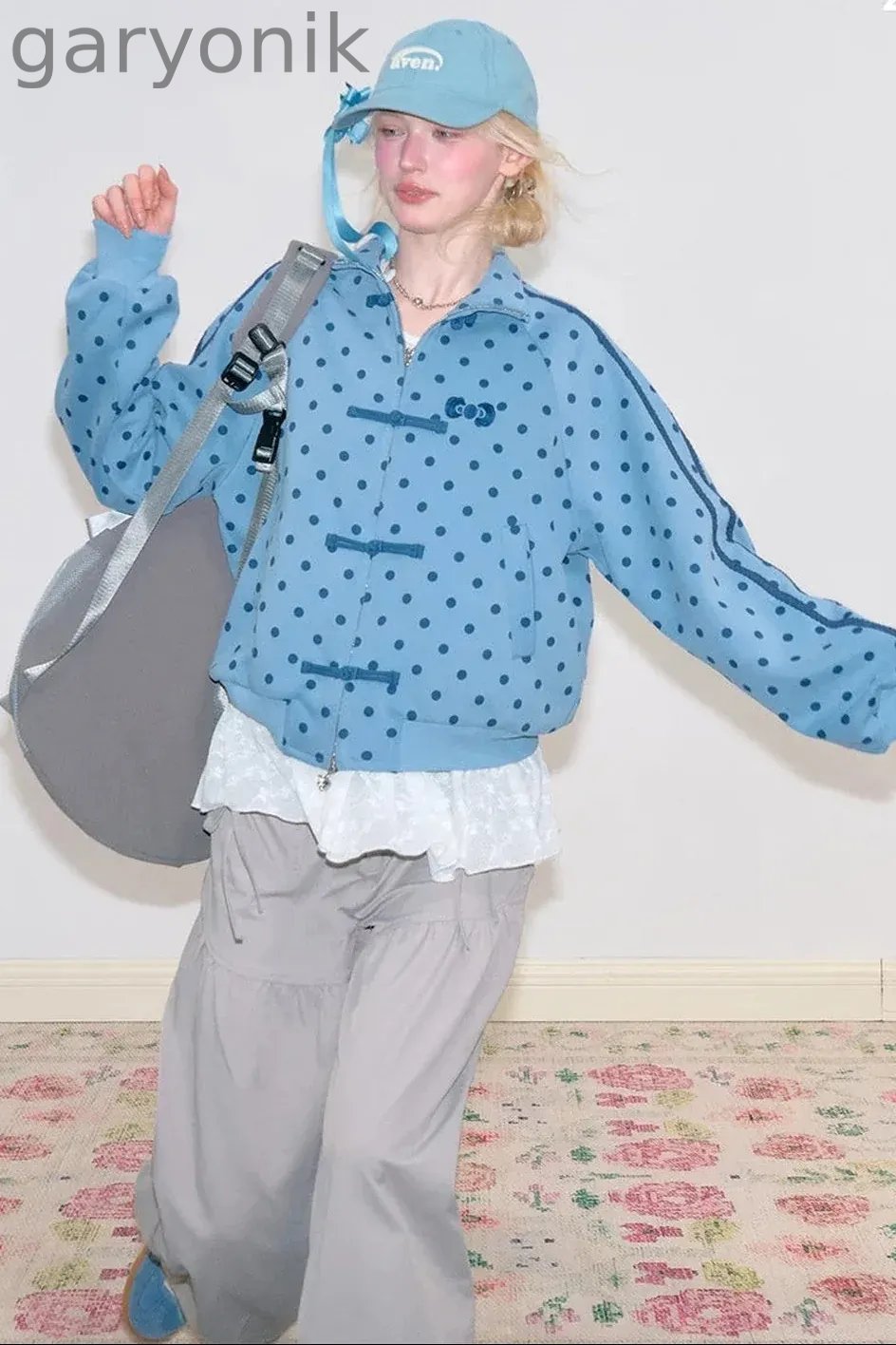 Blue Polka Dot Zipper Hoodie Jacket