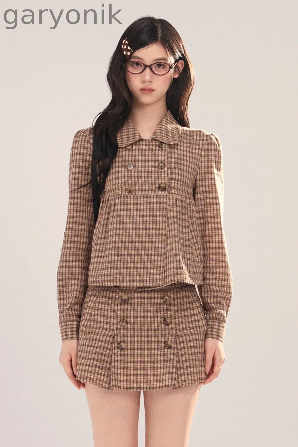 Long-Sleeved Plaid Shirt and Skirt Set-Up