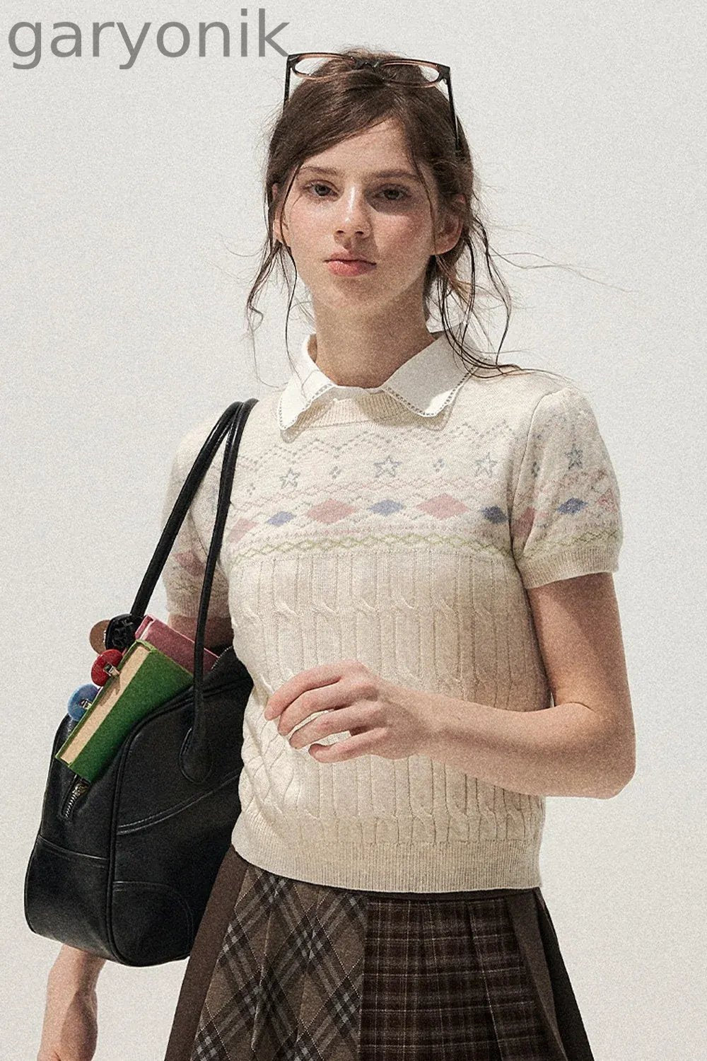 Retro Fair Isle Argyle Short-Sleeve Knit Sweater and Skirt Set-Up