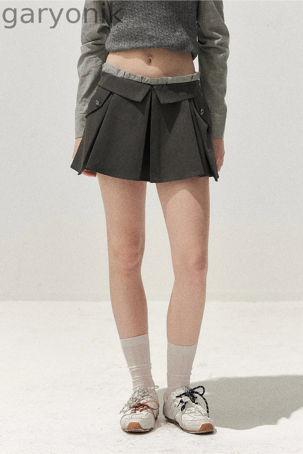 Double Waistband Gray Pleated Skirt