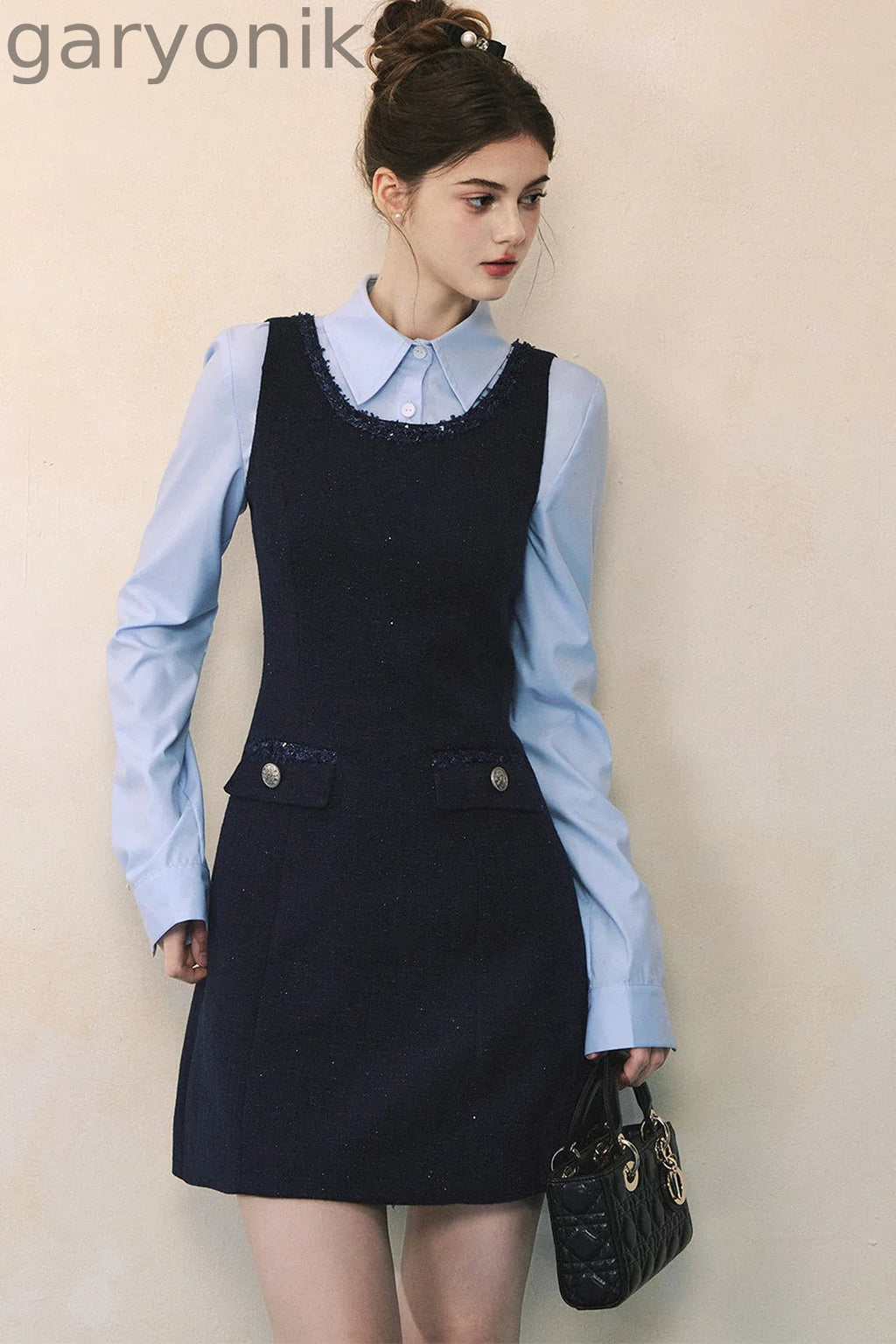 Blue Long-Sleeve Shirt Navy Dress Set-Up