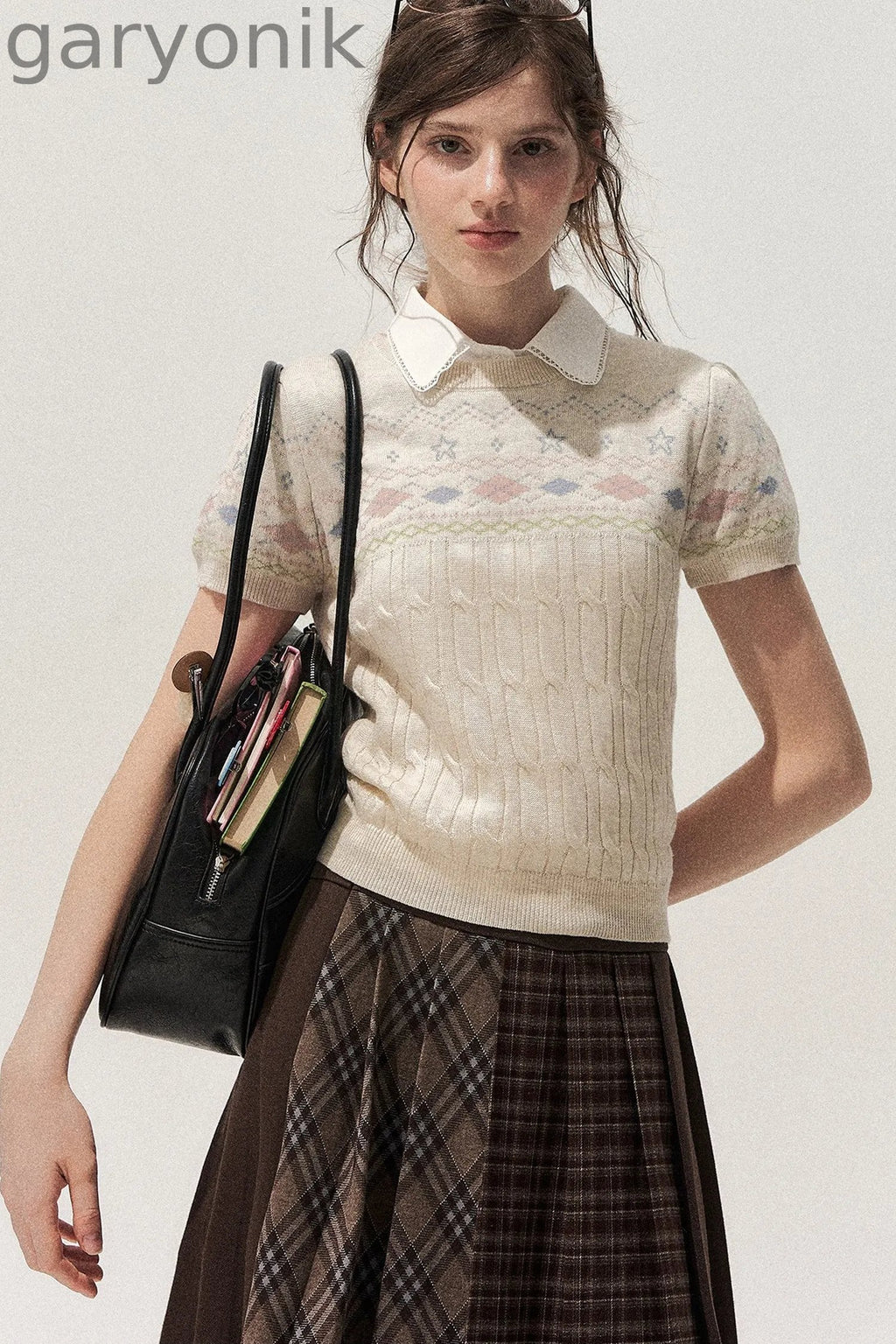 Retro Fair Isle Argyle Short-Sleeve Knit Sweater and Skirt Set-Up