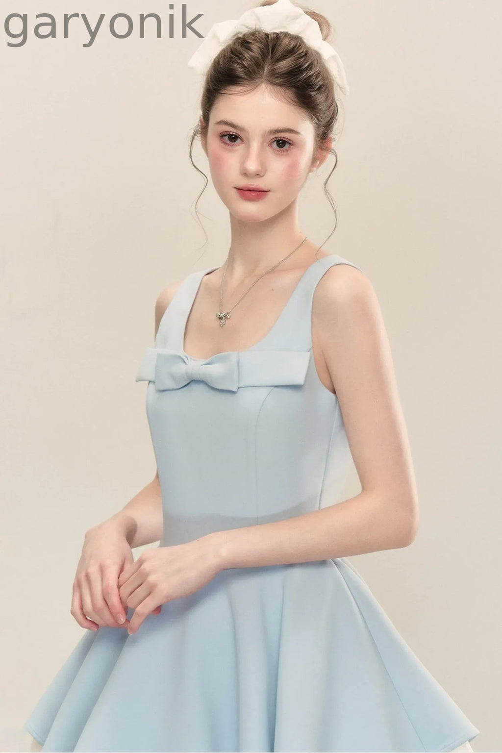 Bow Neck Spaghetti Strap Puffy Dress