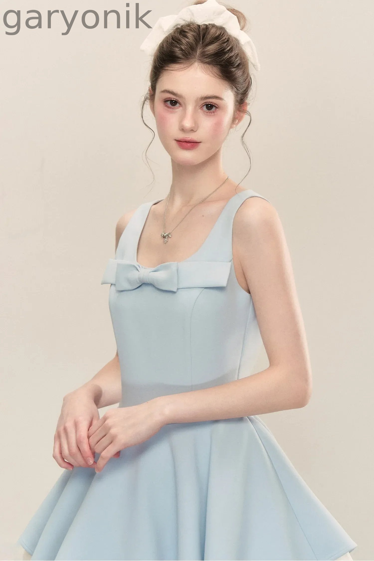 Bow Neck Spaghetti Strap Puffy Dress
