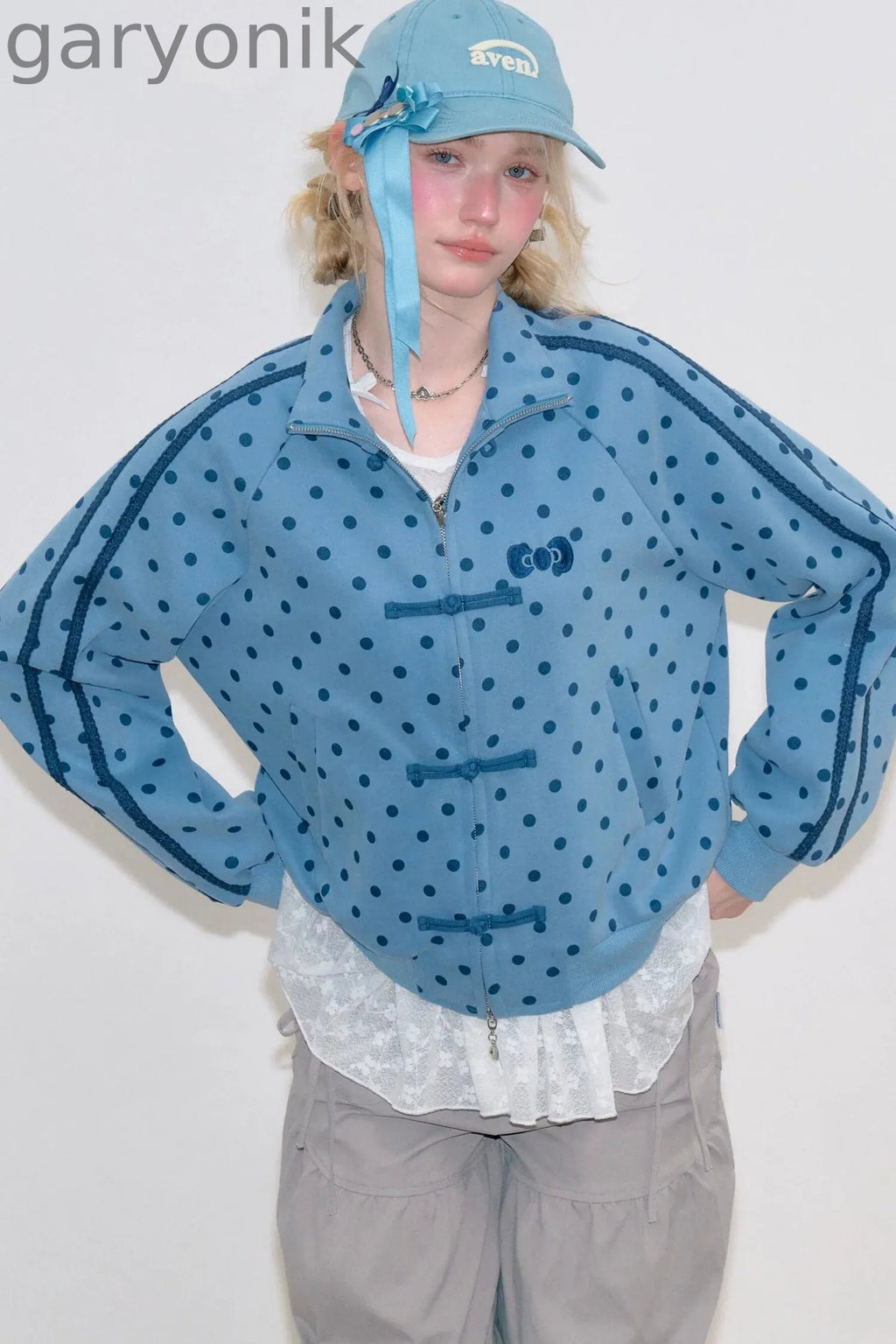 Blue Polka Dot Zipper Hoodie Jacket