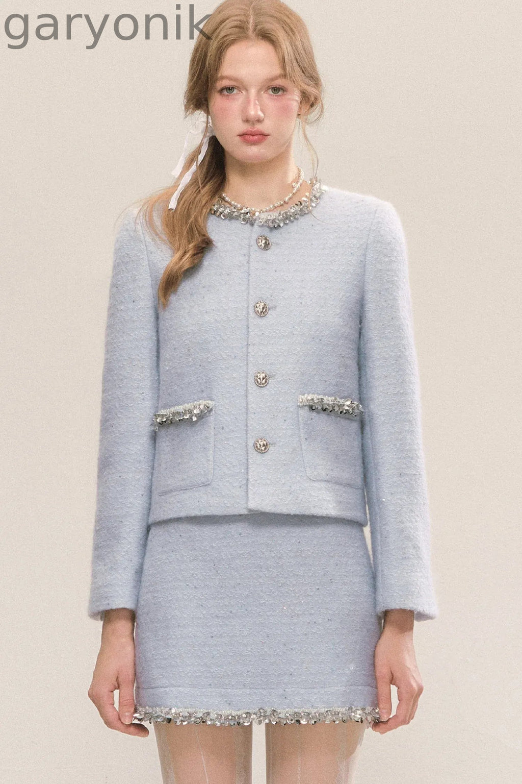Blue Sequin Tweed Coat and Skirt Set-Up