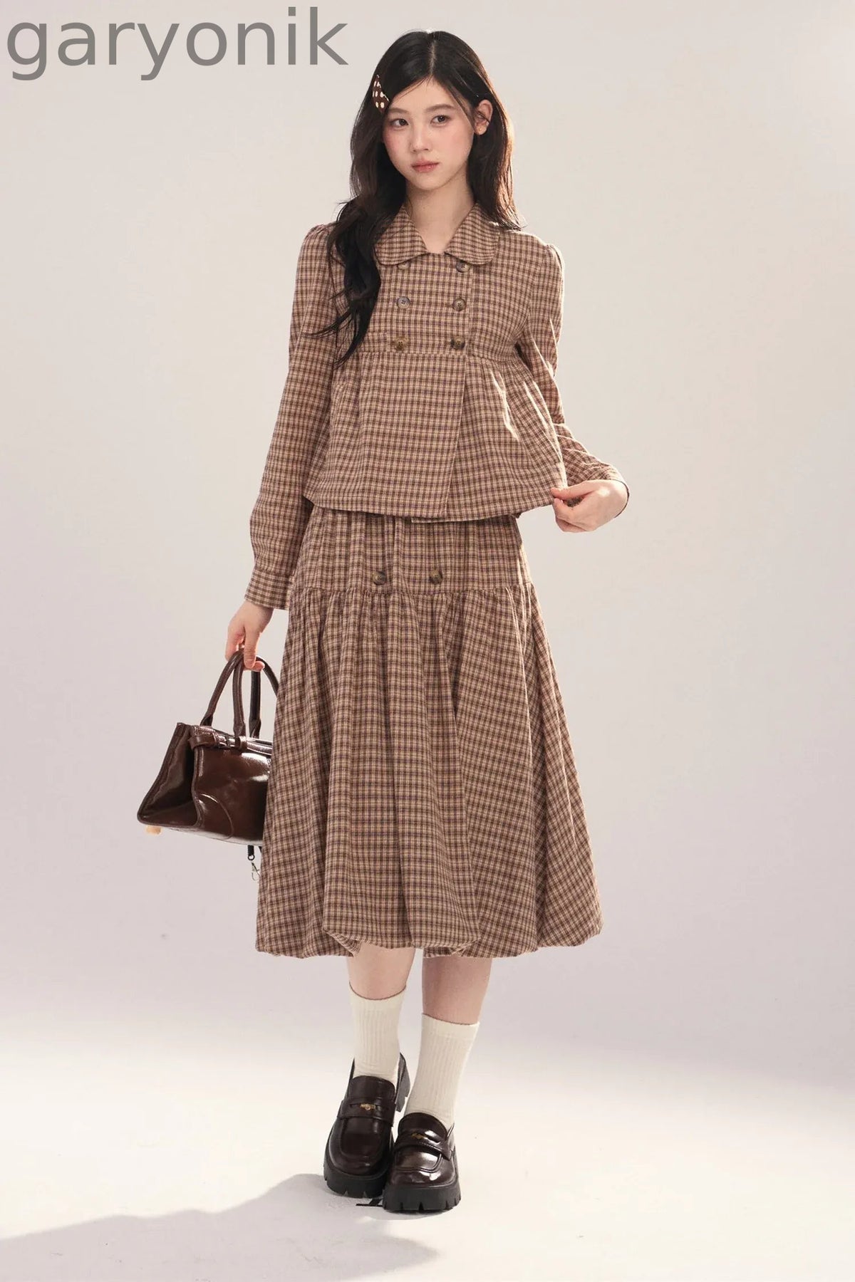 Long-Sleeved Plaid Shirt and Skirt Set-Up