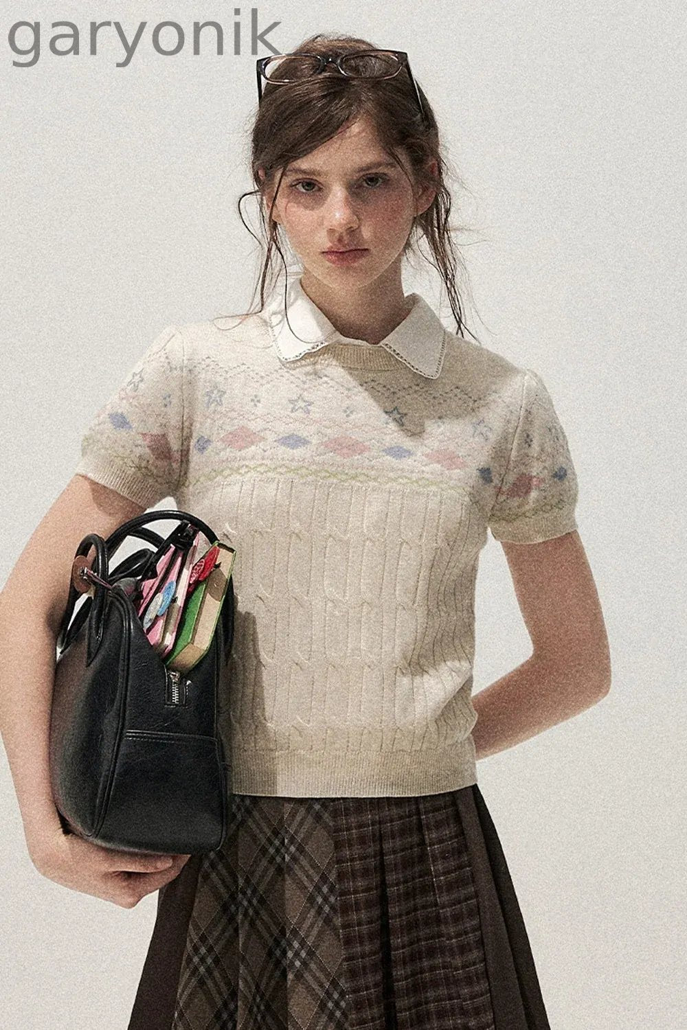 Retro Fair Isle Argyle Short-Sleeve Knit Sweater and Skirt Set-Up