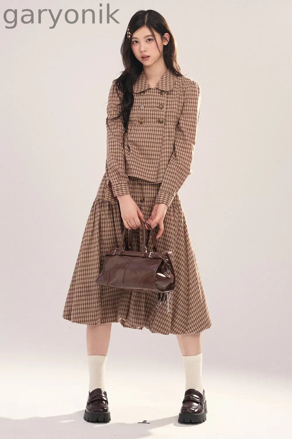 Long-Sleeved Plaid Shirt and Skirt Set-Up
