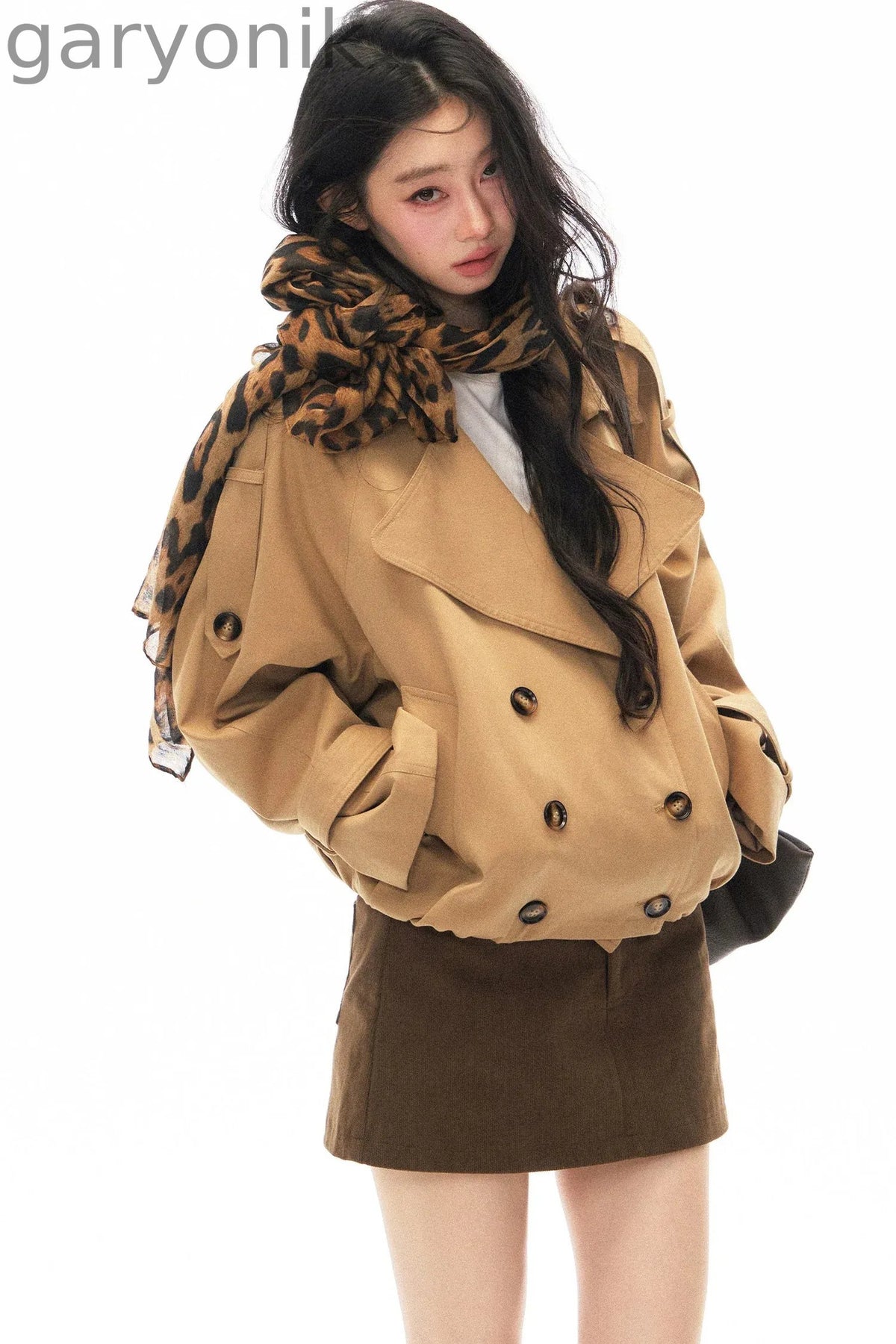 Khaki Double-Breasted Trench Coat and Skirt Set-Up