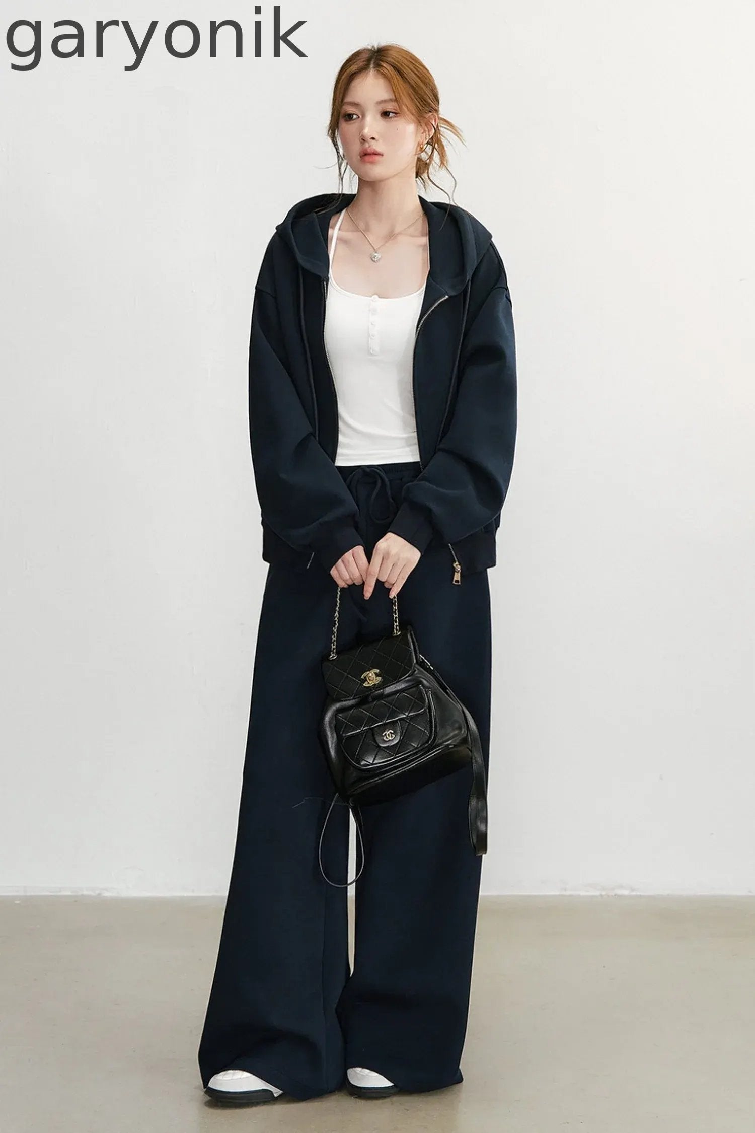 Embroidered Hooded Cardigan Sweatshirt and Wide-Leg Pants Set-Up