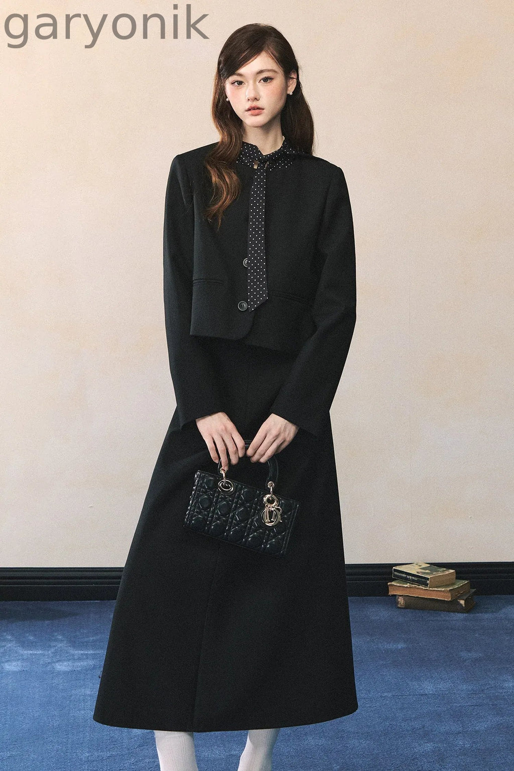 Black Polka Dot Tie Blazer And Skirt Set-Up