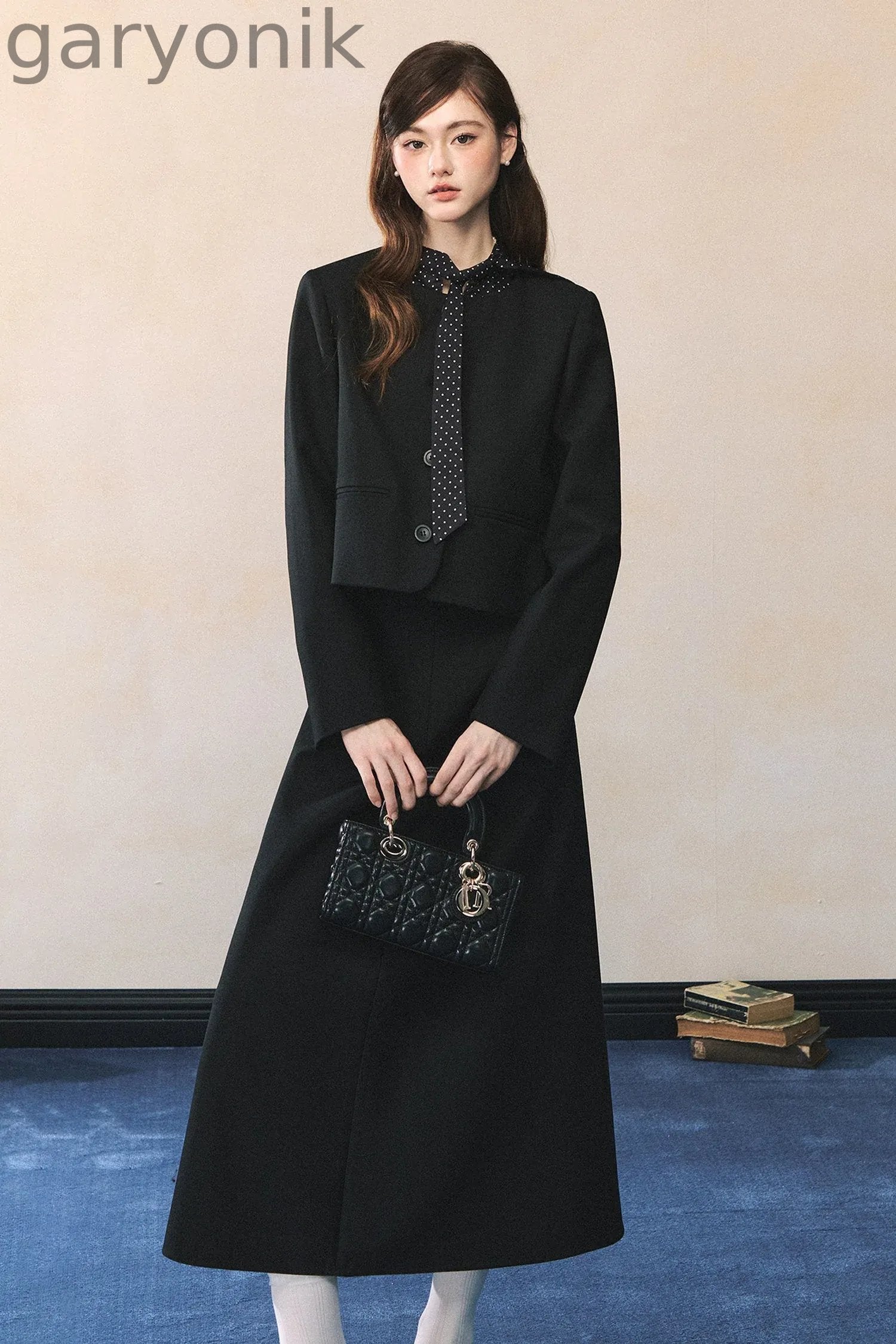 Black Polka Dot Tie Blazer And Skirt Set-Up