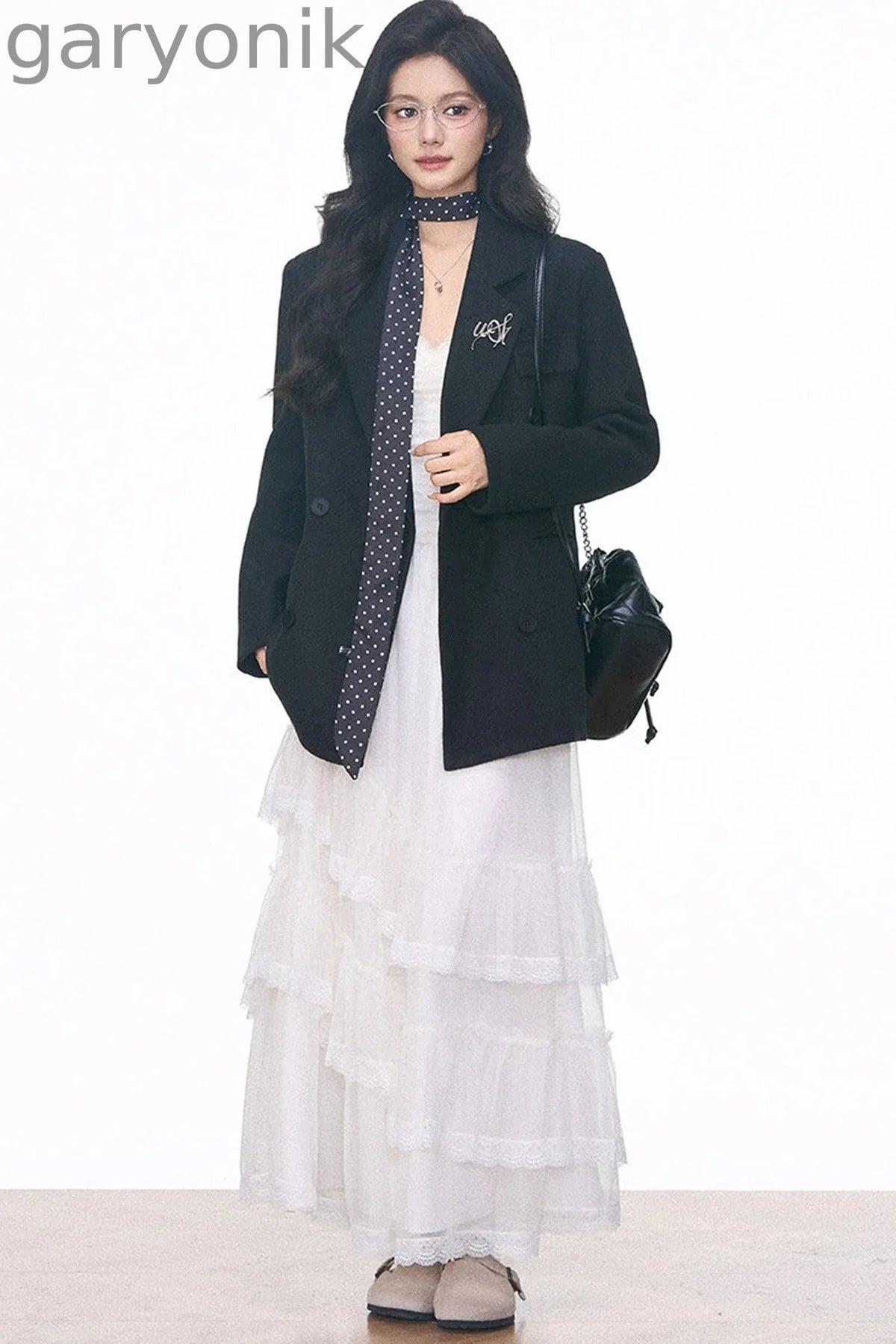 Woolen Blazer and Mesh Skirt Set-Up