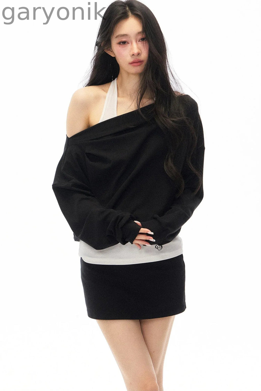 Black Asymmetrical Shoulder Long-Sleeve Top and Skirt Set-Up