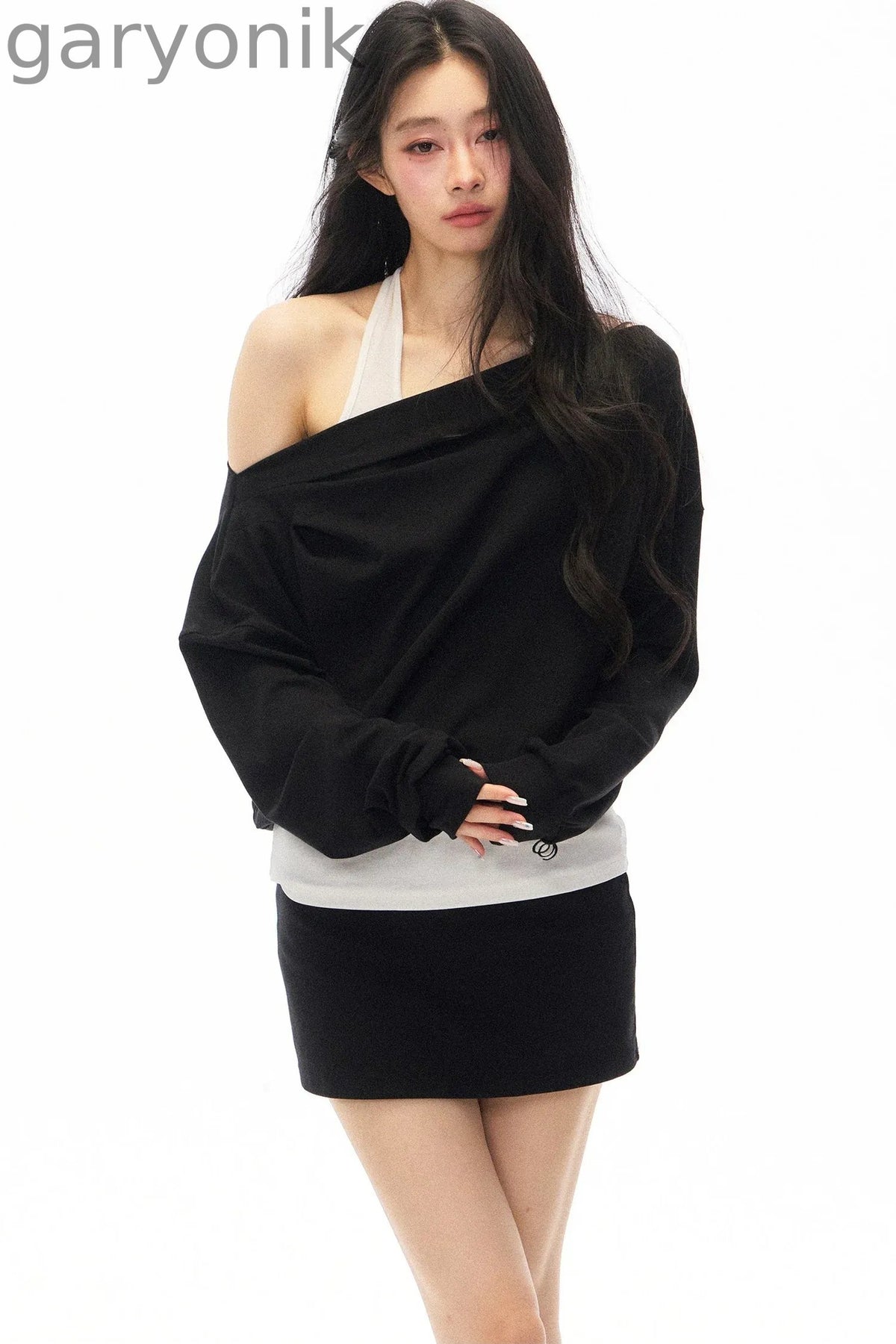 Black Asymmetrical Shoulder Long-Sleeve Top and Skirt Set-Up