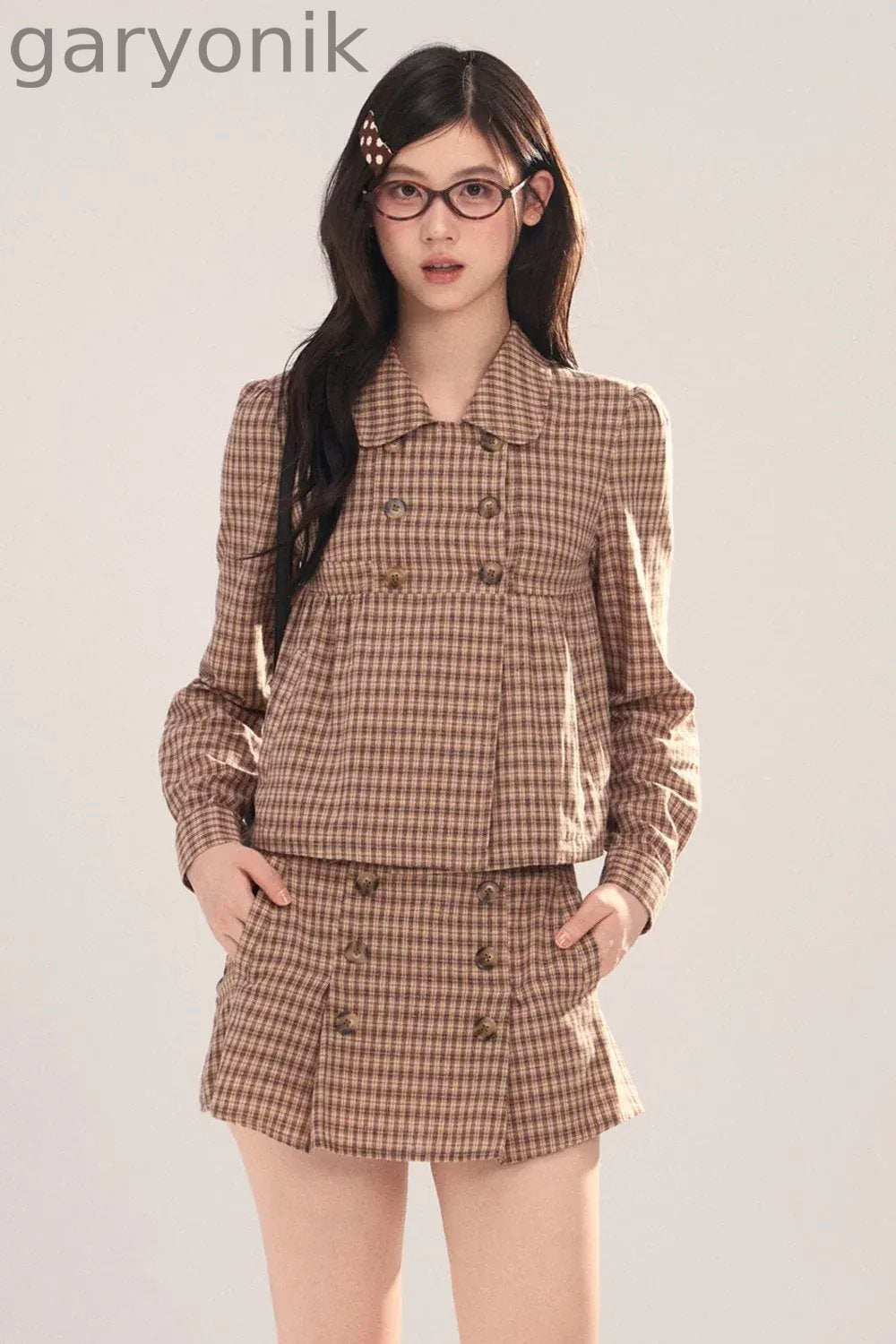 Long-Sleeved Plaid Shirt and Skirt Set-Up