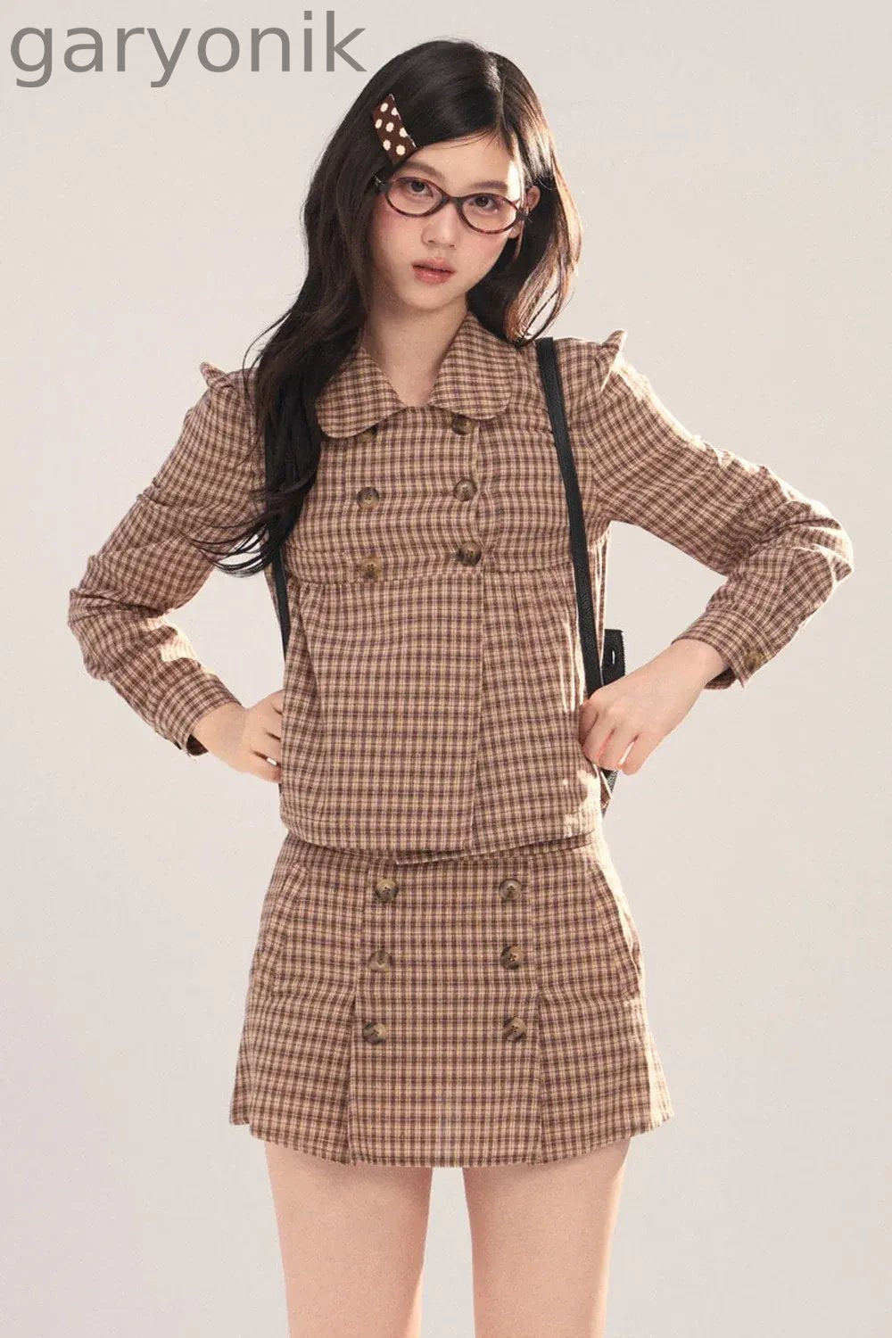 Long-Sleeved Plaid Shirt and Skirt Set-Up