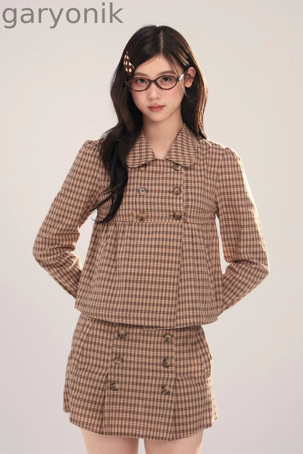 Long-Sleeved Plaid Shirt and Skirt Set-Up