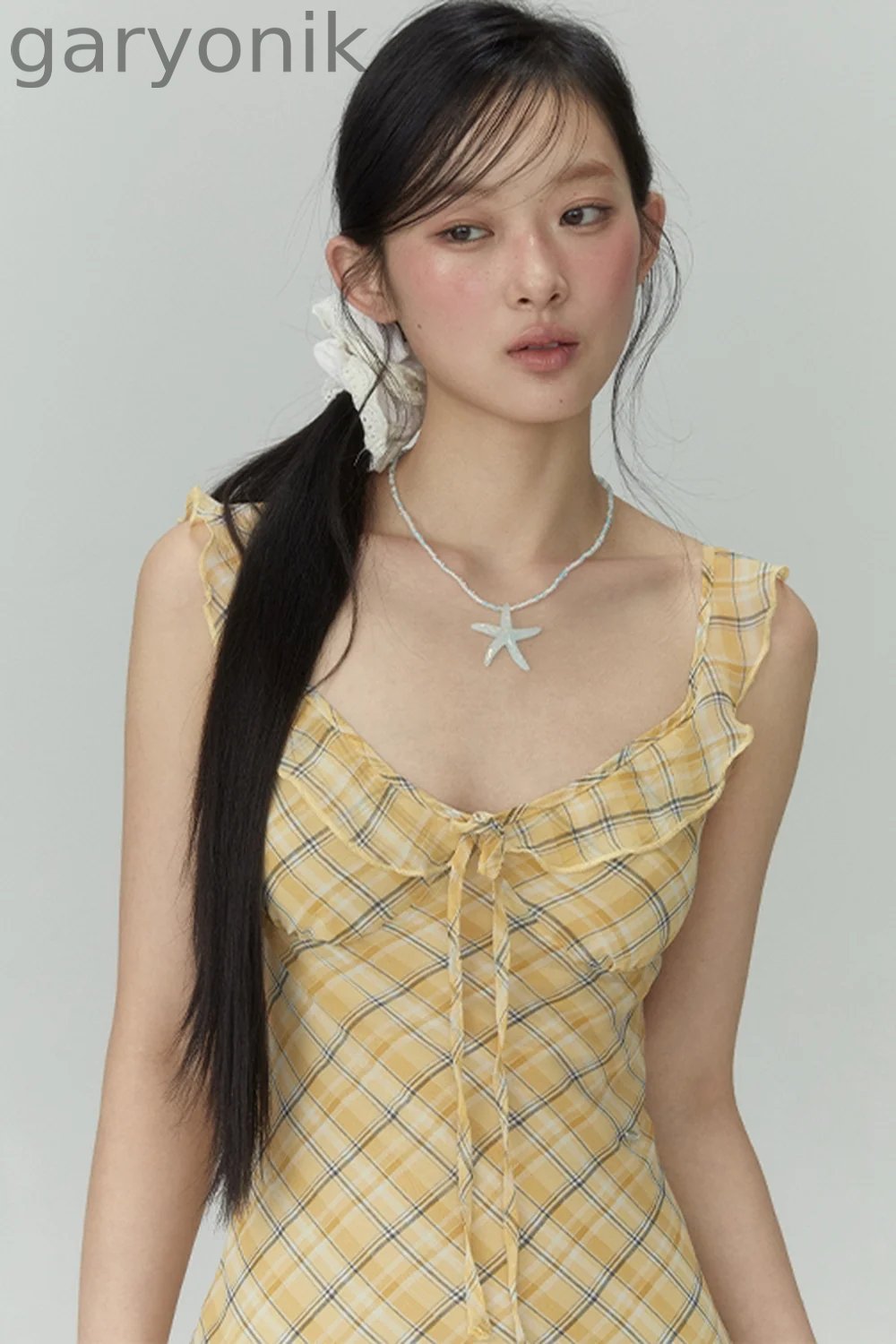 Yellow Plaid Slim Long Dress