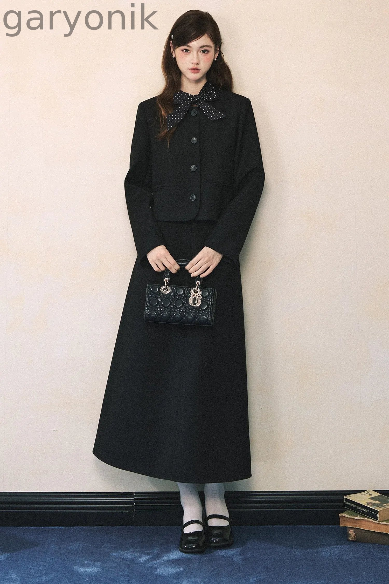 Black Polka Dot Tie Blazer And Skirt Set-Up