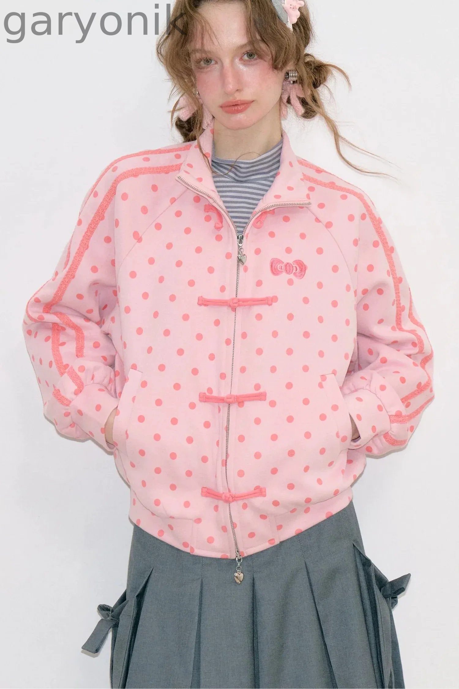 Blue Polka Dot Zipper Hoodie Jacket