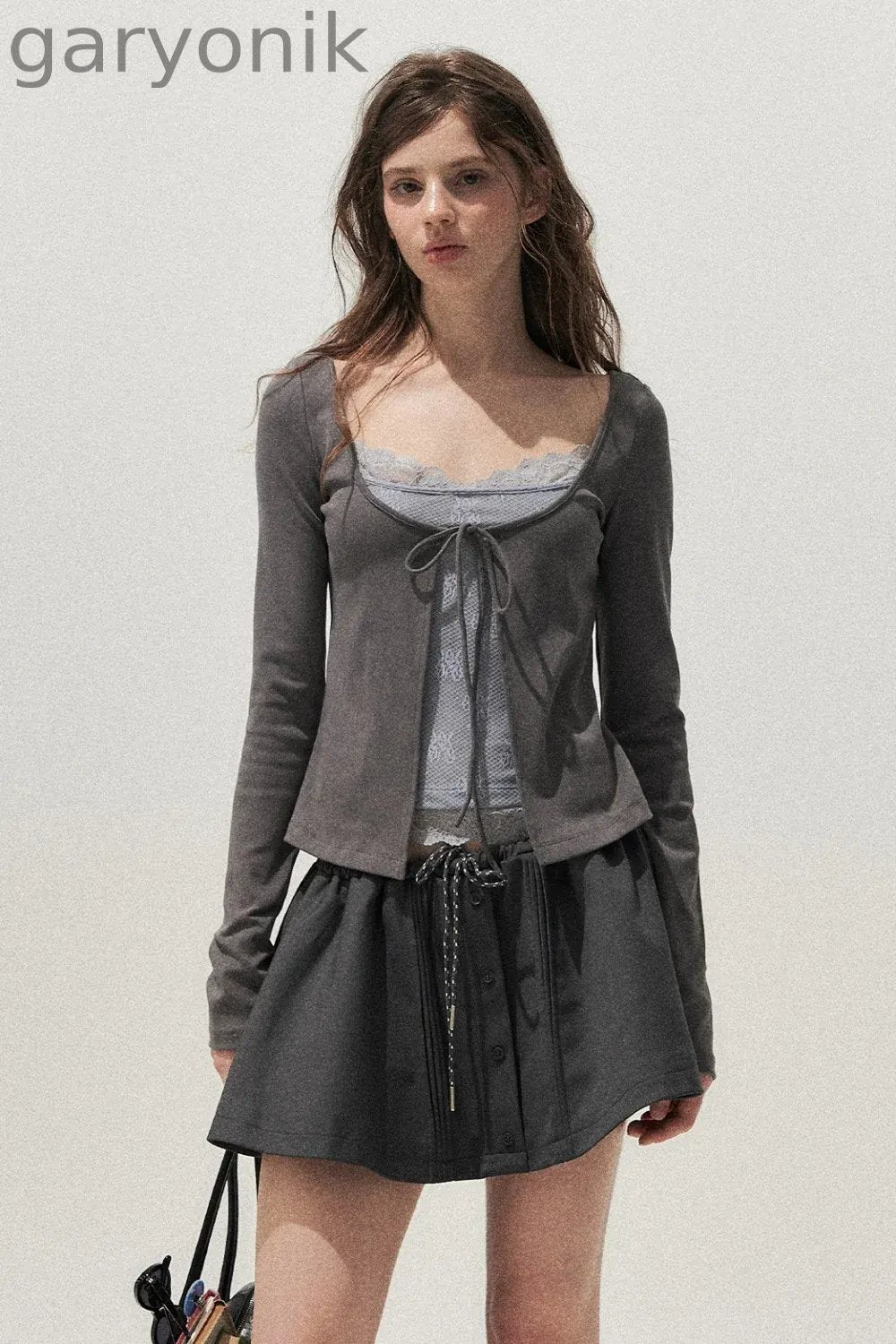 Lace Spliced Tie-Up Long Sleeve Top