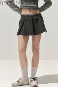 Double Waistband Gray Pleated Skirt