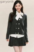 Gray Double-Breasted Knit Jacket Bow Tie Shirt Set-Up