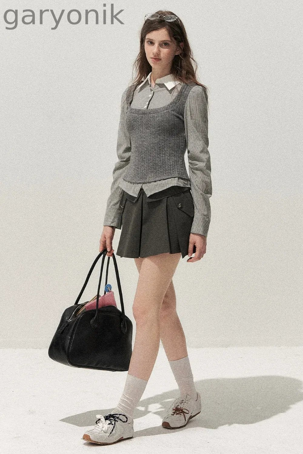 Double Waistband Gray Pleated Skirt