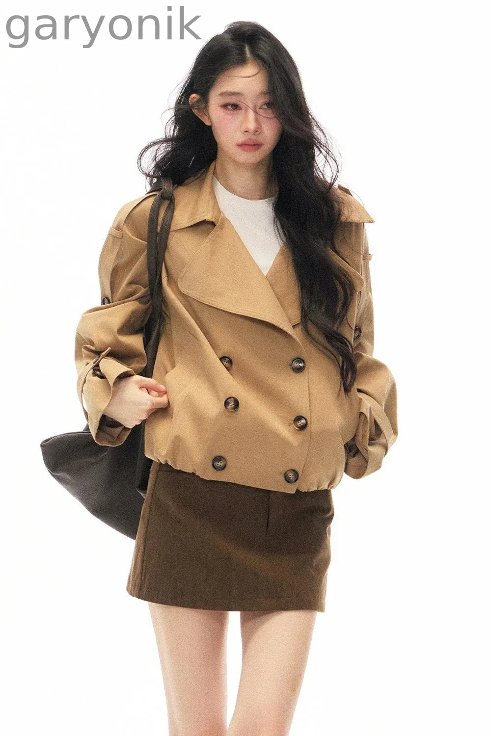 Khaki Double-Breasted Trench Coat and Skirt Set-Up